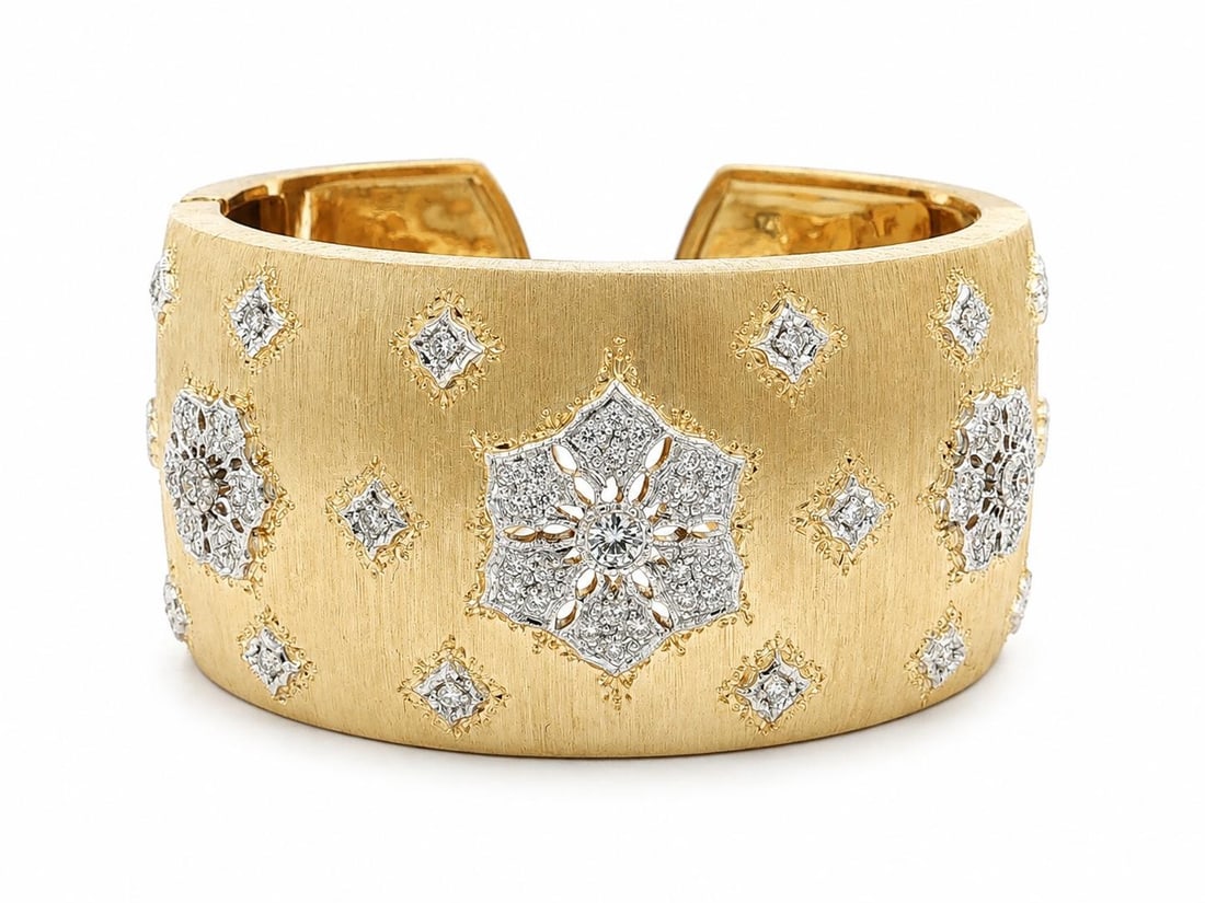 18k Yellow Gold Hinged Bangle Bracelet with 77 Diamonds Engraved Wide Cuff (1 of 14)