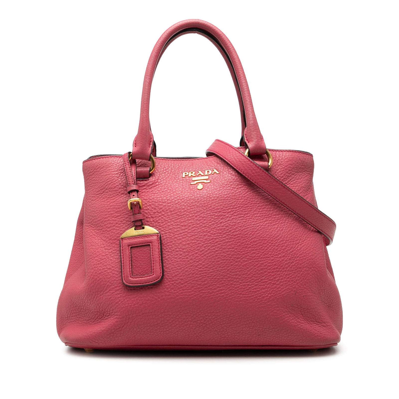 Prada Vitello Daino leather satchel with detachable strap pink: Prada Vitello Daino leather satchel with detachable strap pink A Prada Vitello Daino Open Convertible Tote in pink leather with rolled leather handles, an adjustable and detachable flat strap, and an 