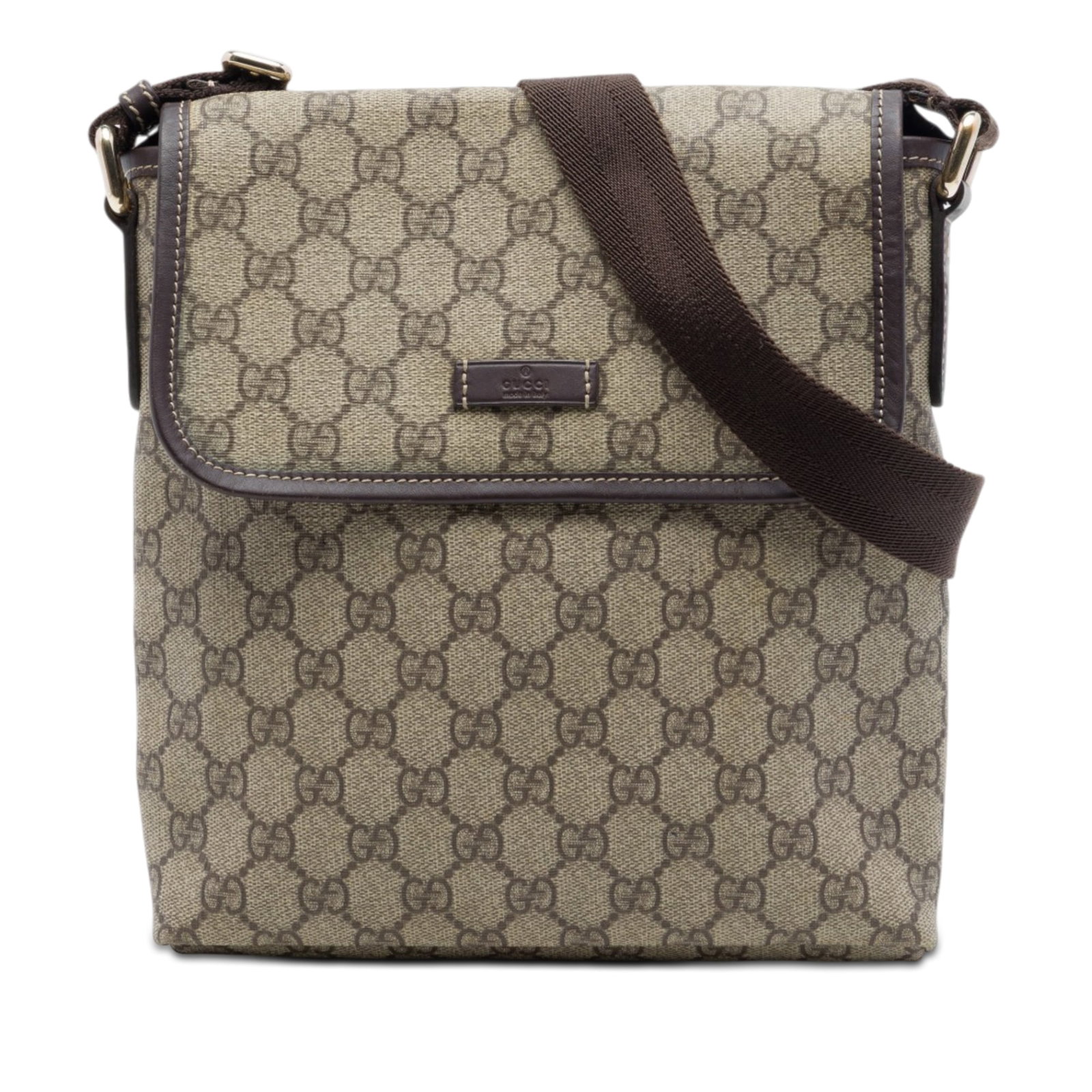 Gucci GG Supreme coated canvas crossbody bag beige: Gucci GG Supreme coated canvas crossbody bag beige Gucci GG Supreme Crossbody bag crafted with a coated canvas body and leather trim. It features an adjustable flat canvas strap, a front flap with mag