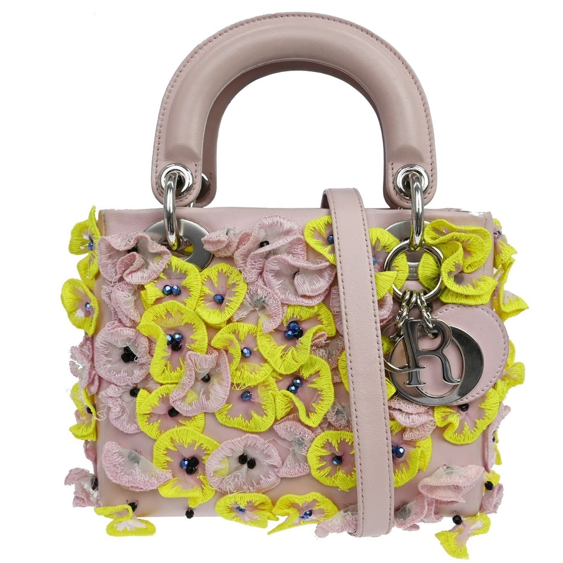 Dior Lady Dior Mini Pink Leather Satchel with Strap: Dior Lady Dior Mini Pink Leather Satchel with Strap Vintage Christian Dior Mini Lady Dior handbag in pink leather with the Dior Cannage pattern and flower motif. This satchel-style top handle bag feat