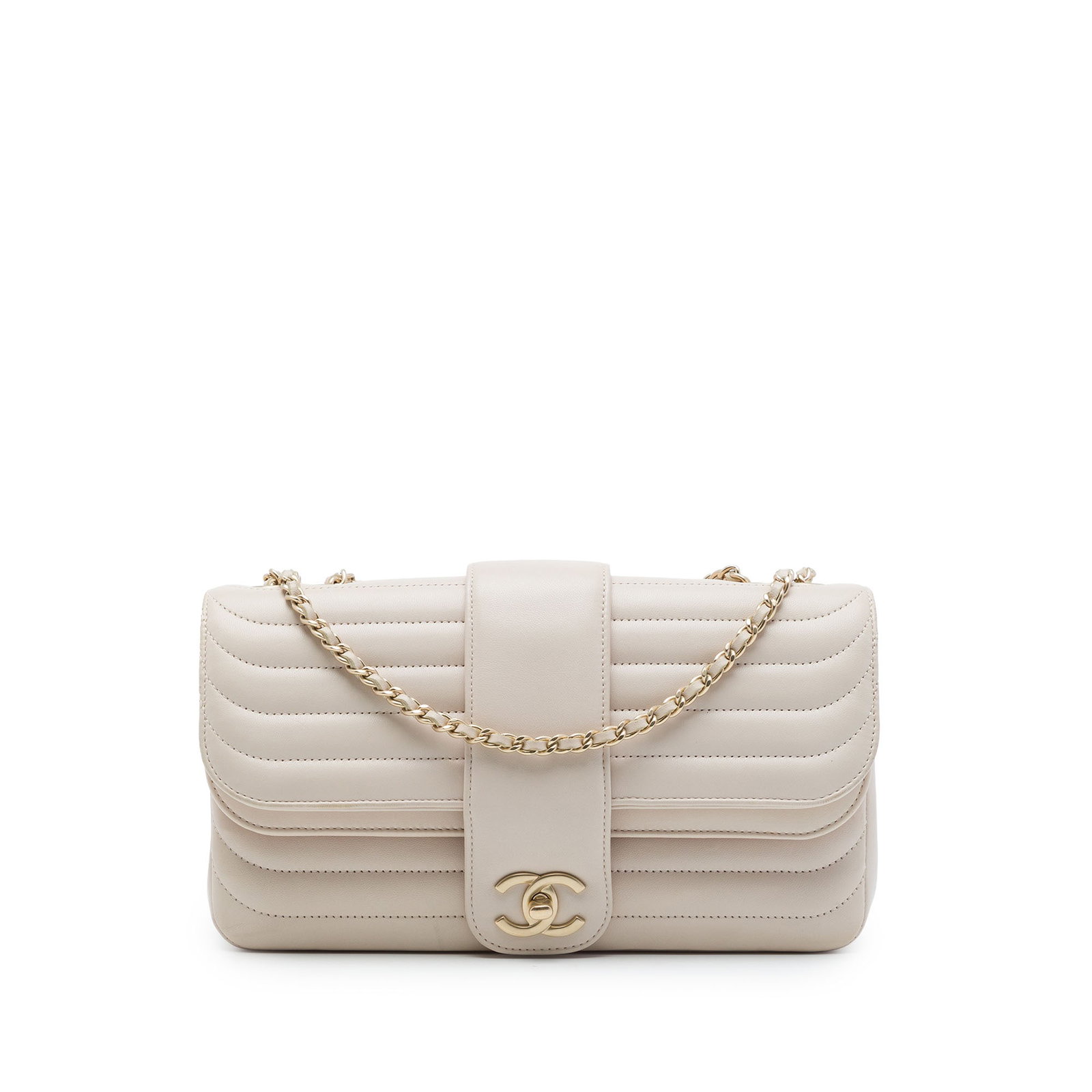 Chanel Medium CC Horizontal Double Flap Quilted Lambskin Crossbody: Chanel Medium CC Horizontal Double Flap Quilted Lambskin Crossbody A Chanel Medium CC Horizontal Double Flap crossbody bag crafted in brown quilted lambskin leather. The design features a leather-wove
