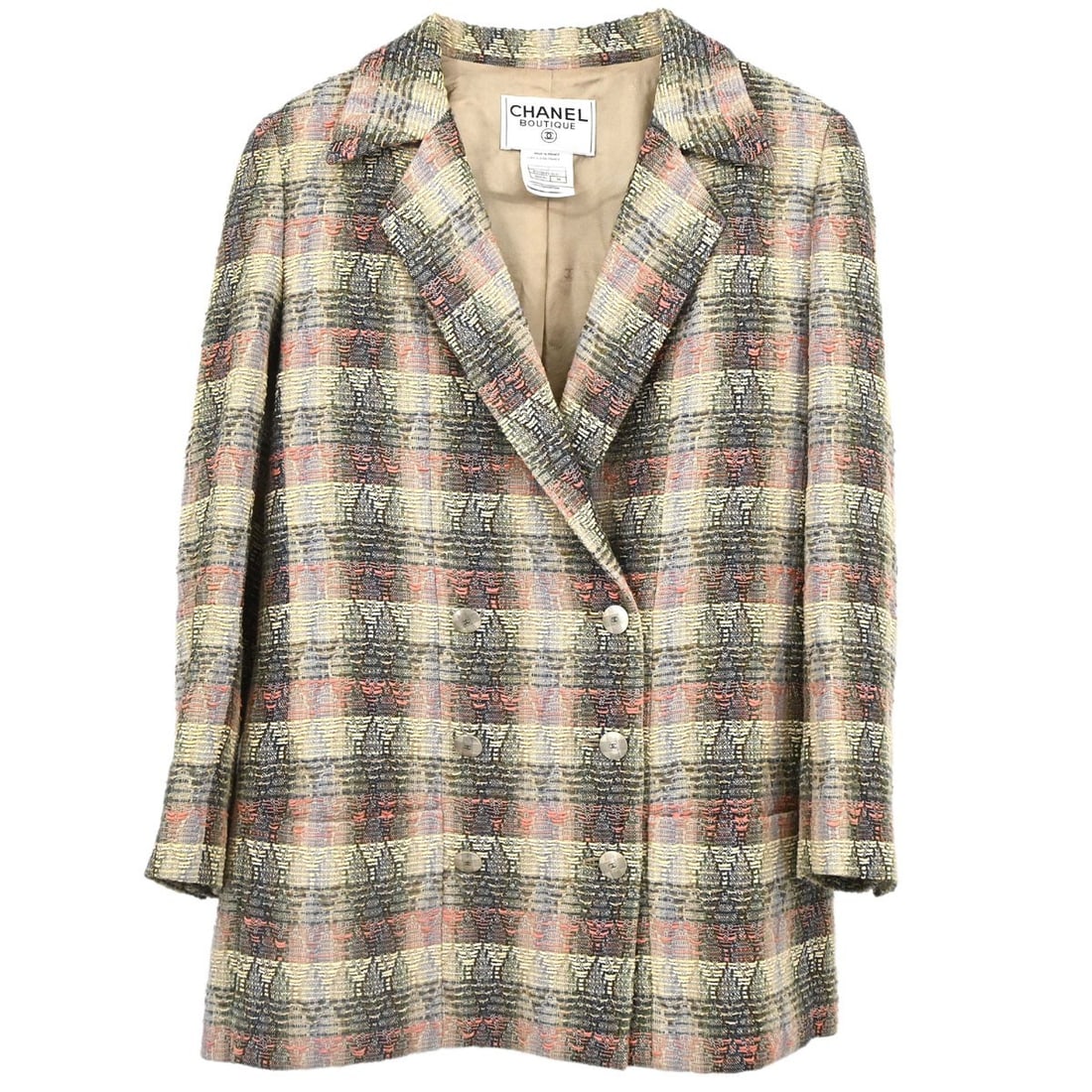 CHANEL 98P Beige Check Double Breasted Women Jacket Size 38: CHANEL 98P Beige Check Double Breasted Women Jacket Size 38 Vintage Chanel double-breasted check jacket in beige with a mid-length silhouette and long sleeves. This women's jacket features a button cl