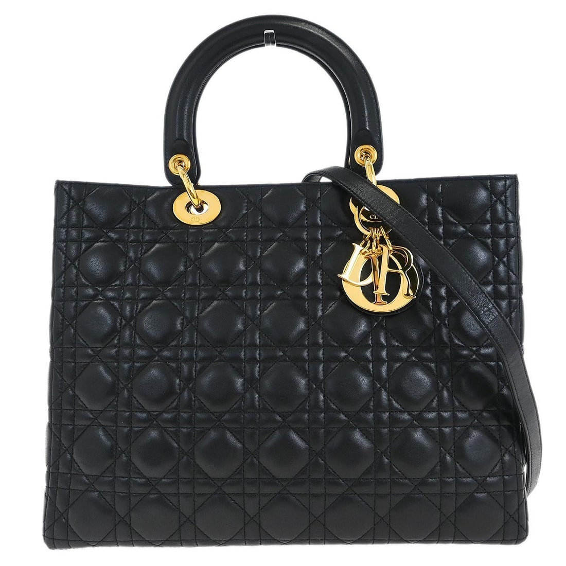 Dior Lady Dior Cannage black lambskin satchel with shoulder strap: Dior Lady Dior Cannage black lambskin satchel with shoulder strap Christian Dior Lady Dior Cannage 2way handbag in black lambskin with quilted detailing and a zip closure. This satchel-style top handl