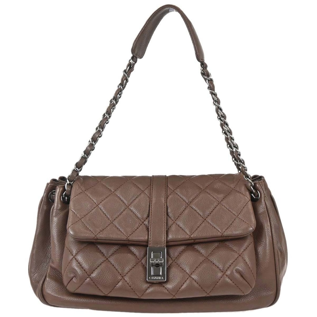 Chanel Accordion Flap Handbag Brown Calfskin Mademoiselle Lock: Chanel Accordion Flap Handbag Brown Calfskin Mademoiselle Lock Chanel Accordion Flap handbag in brown caviar skin leather with the Mademoiselle lock and top handle design. Made in France, this medium 