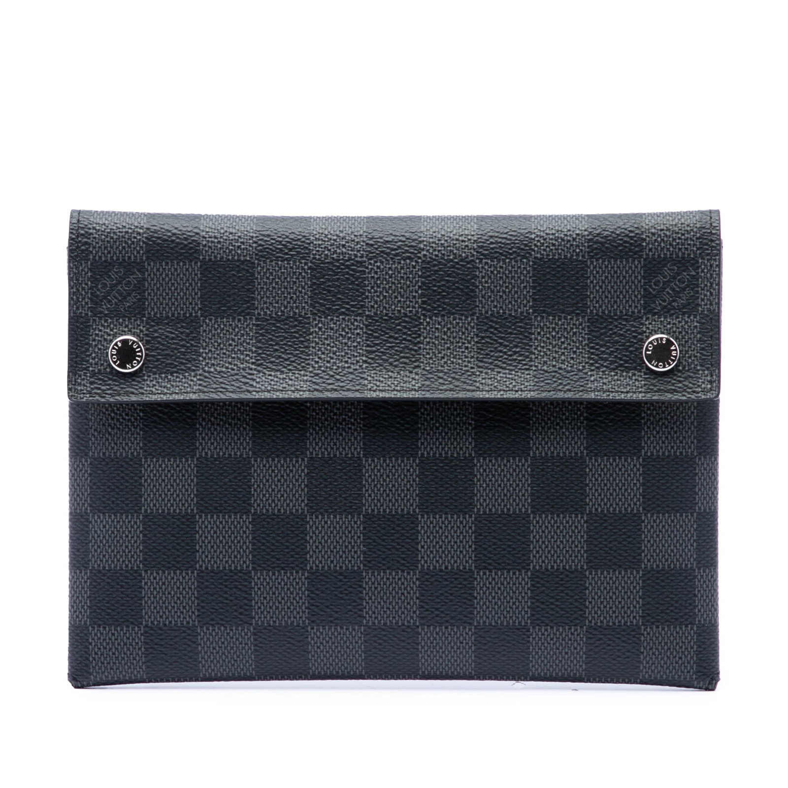 Louis Vuitton Alpha Pochette MM Damier Graphite Clutch Bag: Louis Vuitton Alpha Pochette MM Damier Graphite Clutch Bag A compact Louis Vuitton Alpha Pochette MM crafted in Damier Graphite canvas with a front flap and snap button closures. Made in France, this 
