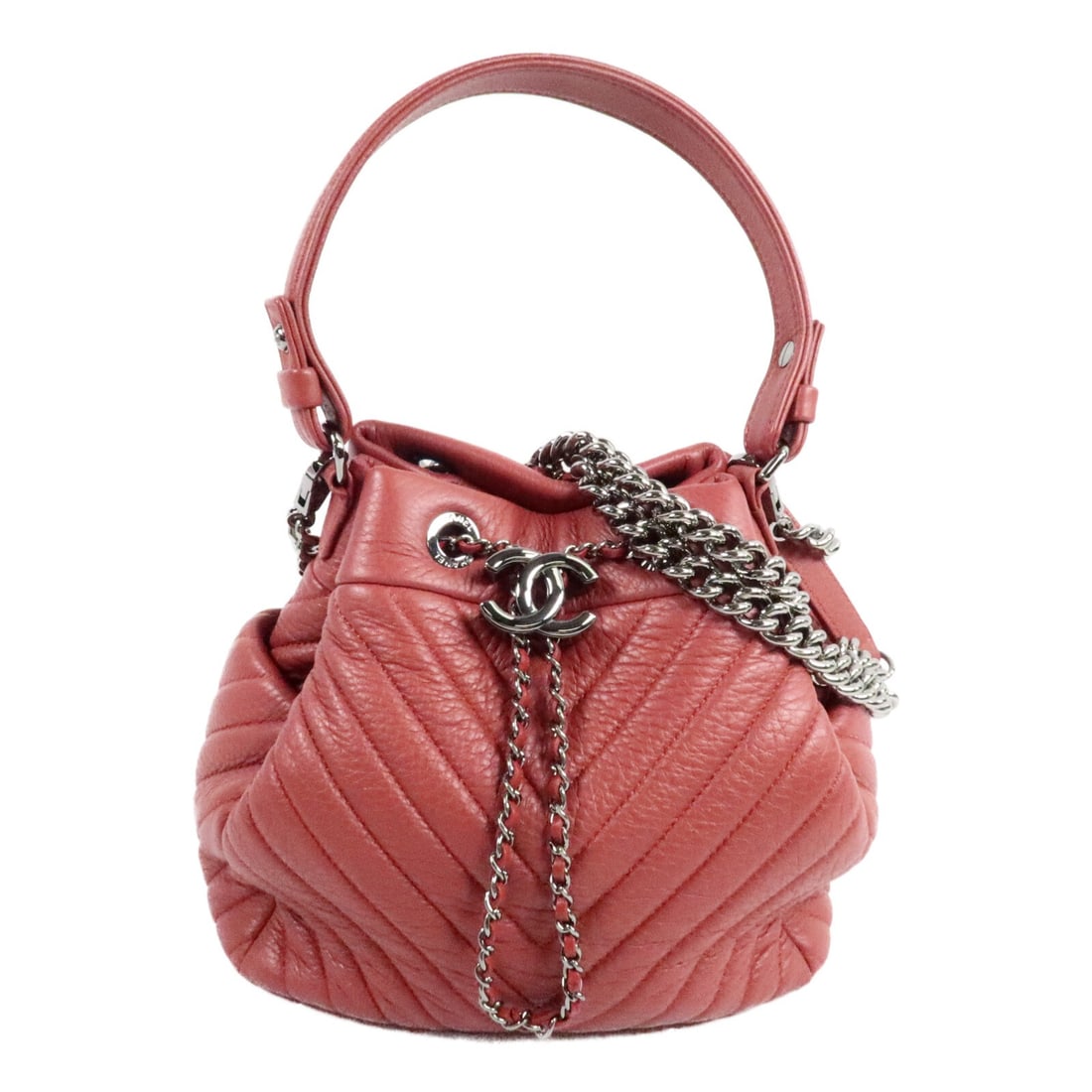 CHANEL deerskin 2way shoulder bucket bag red pink with strap: CHANEL deerskin 2way shoulder bucket bag red pink with strap CHANEL bucket bag in red and pink deerskin leather with a 2-way shoulder design. This women's bag includes an interior zip pocket and comes