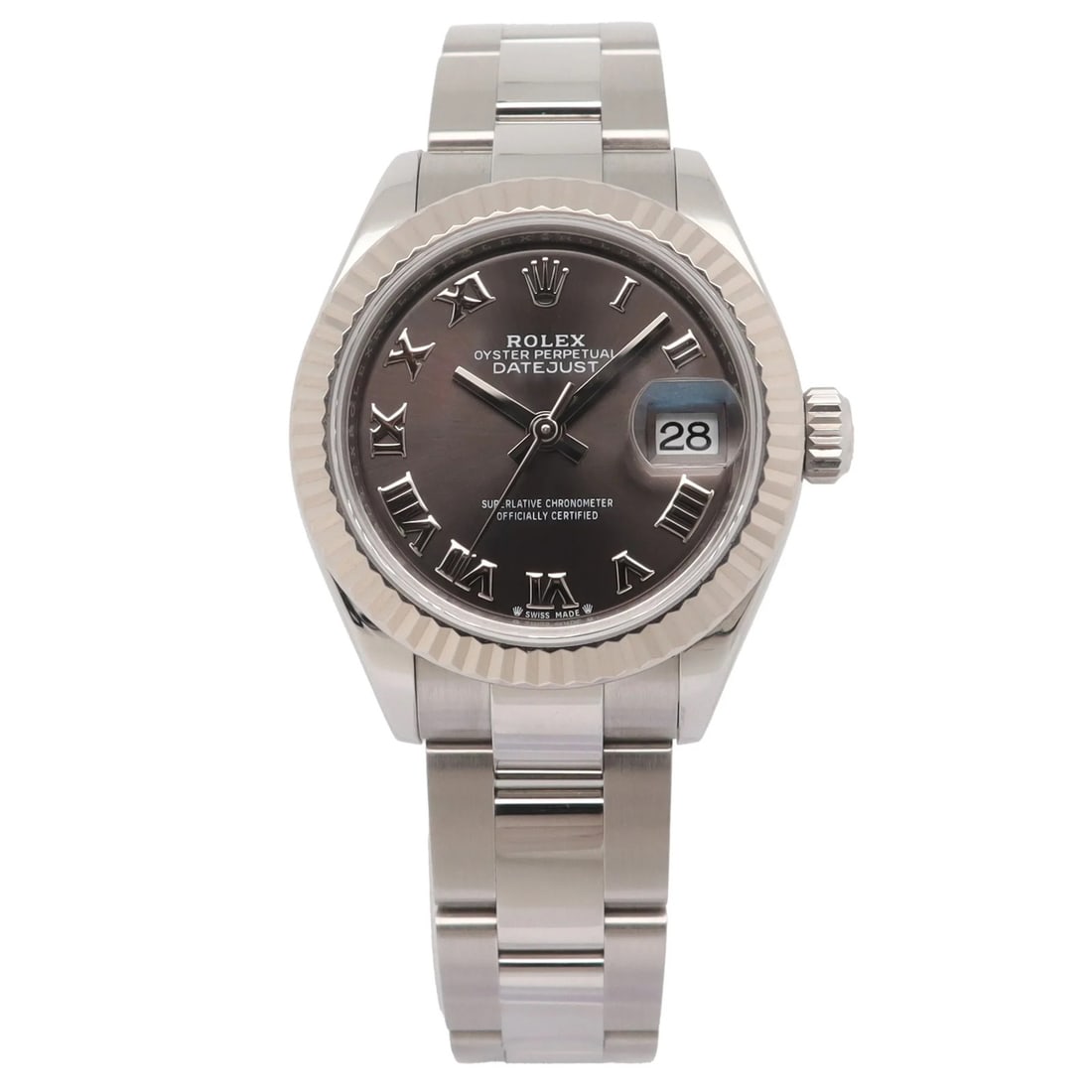 Rolex 279174 Datejust women's 28mm steel and 18K gold Roman dial watch: Rolex 279174 Datejust women's 28mm steel and 18K gold Roman dial watch Rolex Datejust 279174 ladies wristwatch with a grey dial, Roman numeral hour markers, and an Oyster bracelet. This automatic Swis