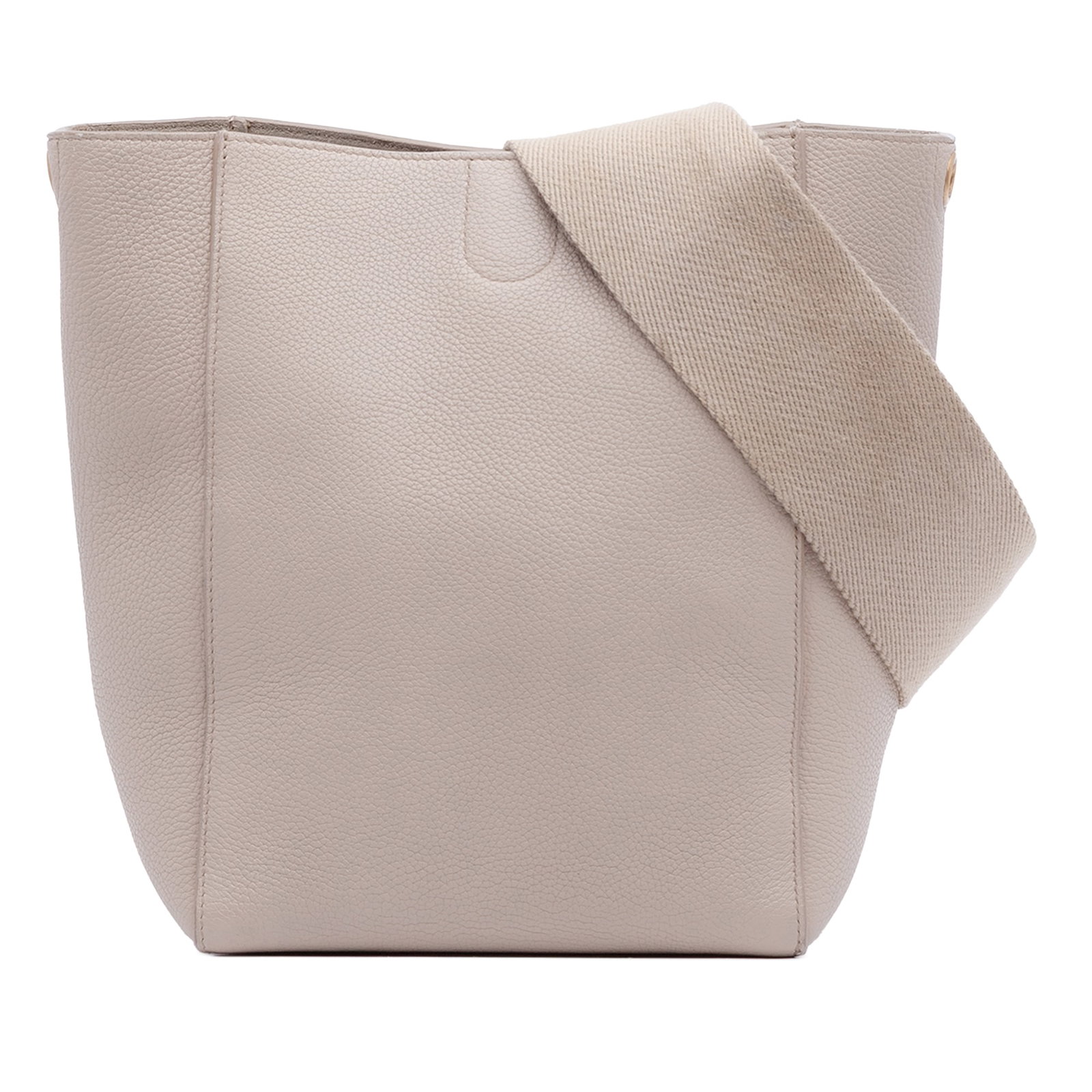 Celine Seau Sangle Small Brown Leather Bucket Bag with Canvas Strap: Celine Seau Sangle Small Brown Leather Bucket Bag with Canvas Strap This Celine Small Soft Grained Calfskin Seau Sangle Bucket Bag features a leather body with a flat canvas strap, an open top with a 