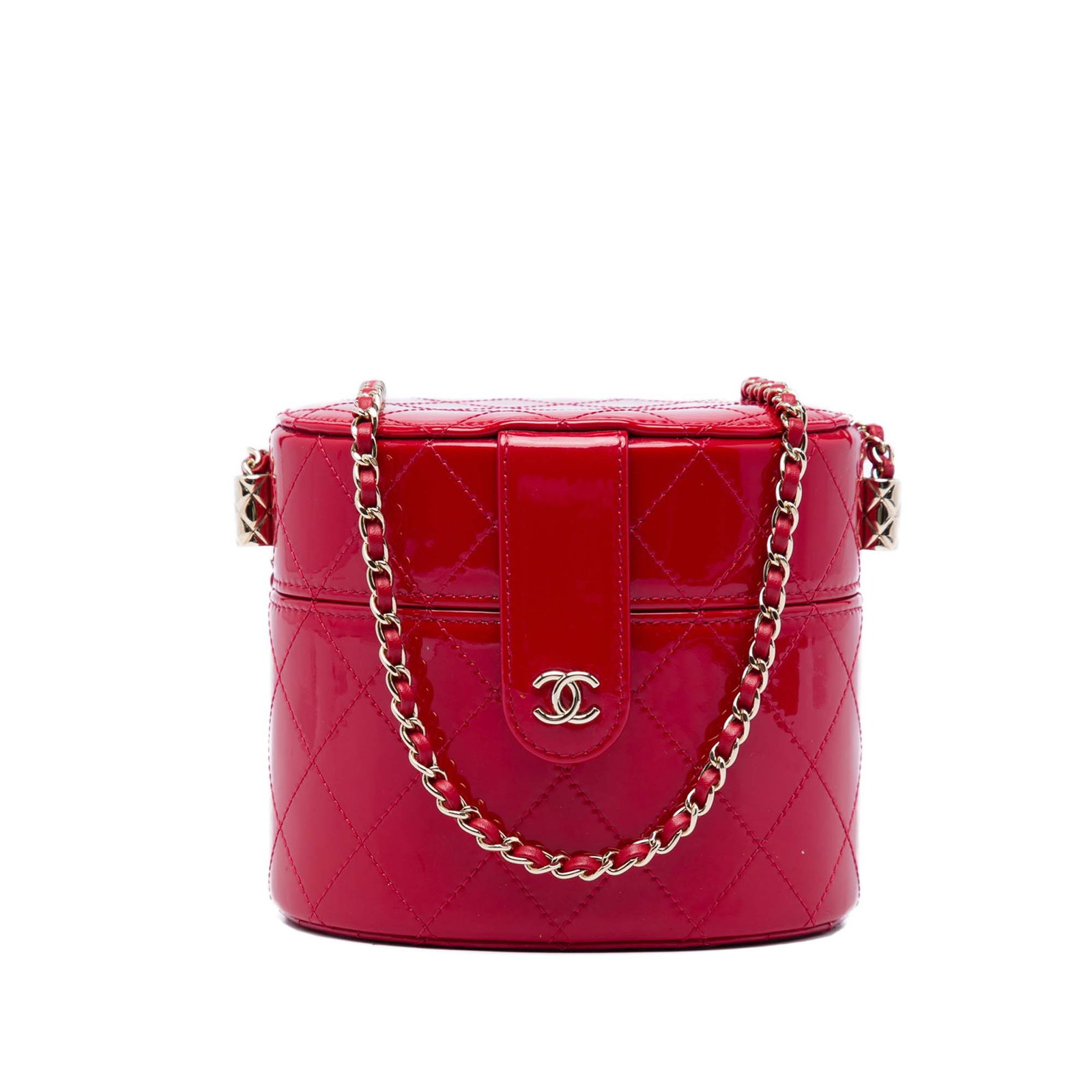 Chanel CC Round Vanity Case Red Quilted Patent Leather Chain Bag: Chanel CC Round Vanity Case Red Quilted Patent Leather Chain Bag Round Chanel vanity case crafted in quilted patent leather with a leather-woven chain strap, top cover with strap and magnetic snap clo