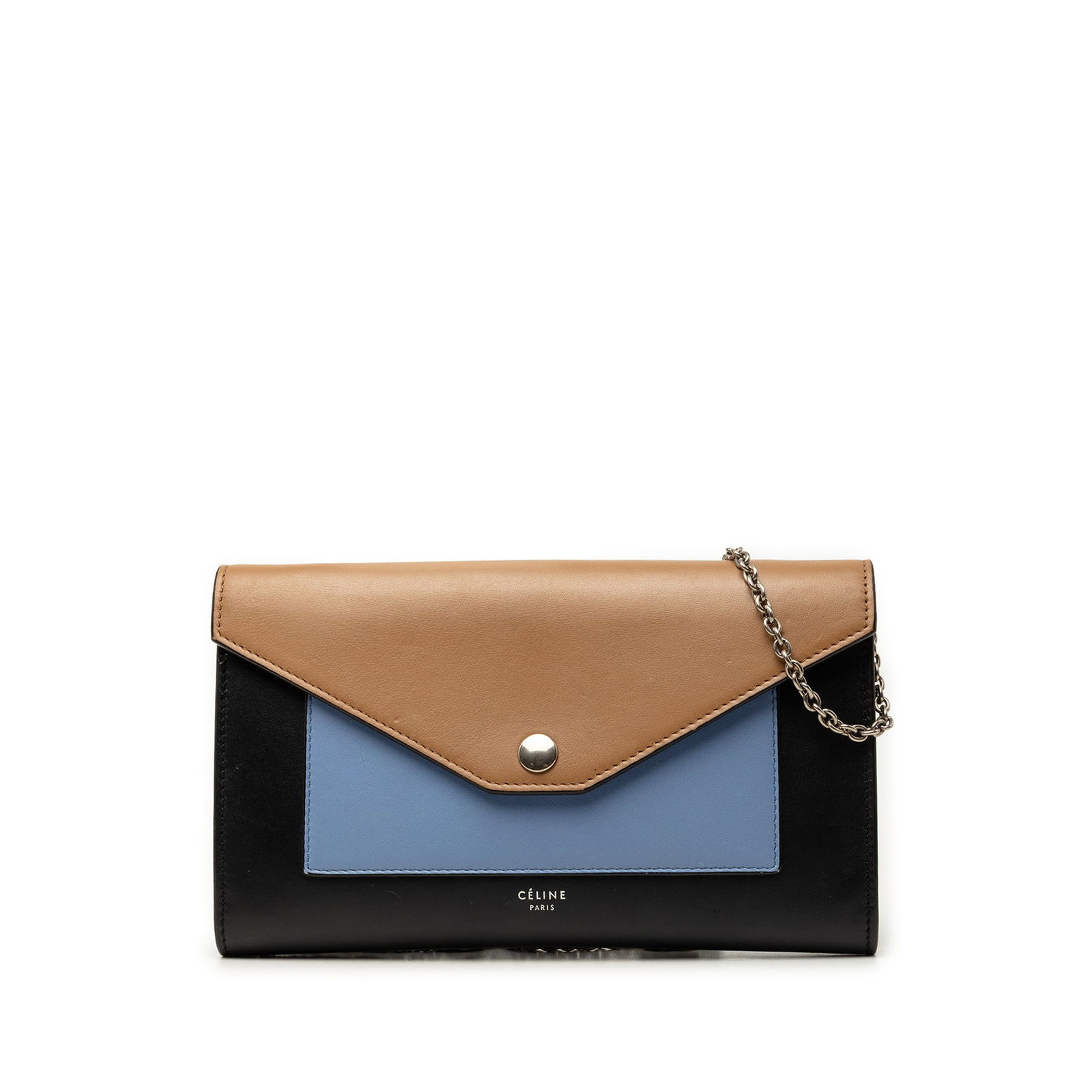 Celine Pocket Envelope Wallet On Chain Tricolor Leather Crossbody: Celine Pocket Envelope Wallet On Chain Tricolor Leather Crossbody Celine Tricolor Leather Pocket Envelope Wallet On Chain with a leather body, chain shoulder strap, and flap closure with snap button f