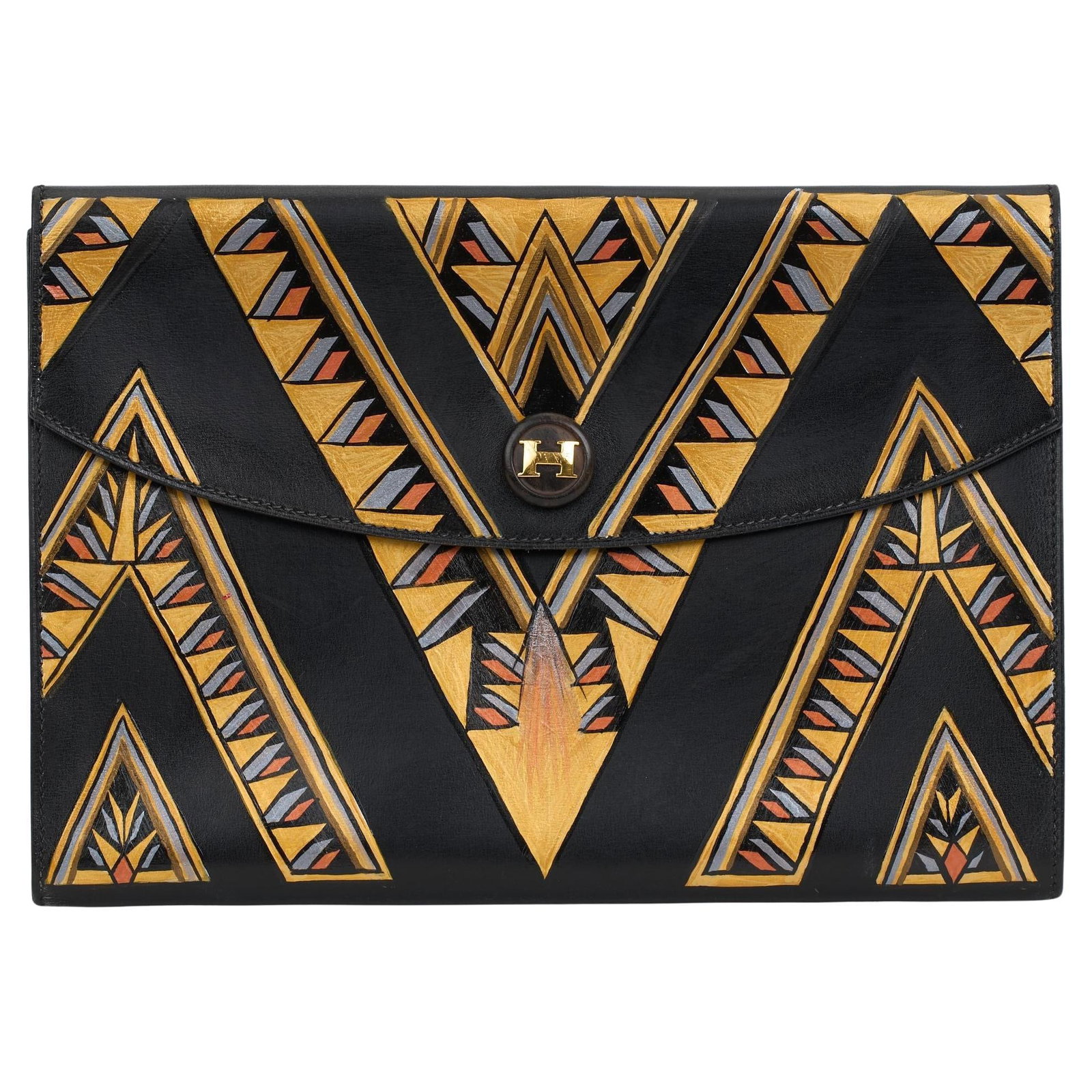 Hermes Black Box Rio Clutch Hand Painted Chrysler Building Design: Hermes Black Box Rio Clutch Hand Painted Chrysler Building Design Introducing the exquisite Hermes Black Box Rio Clutch, a stunning piece crafted from premium black box calfskin. This vintage clutch f