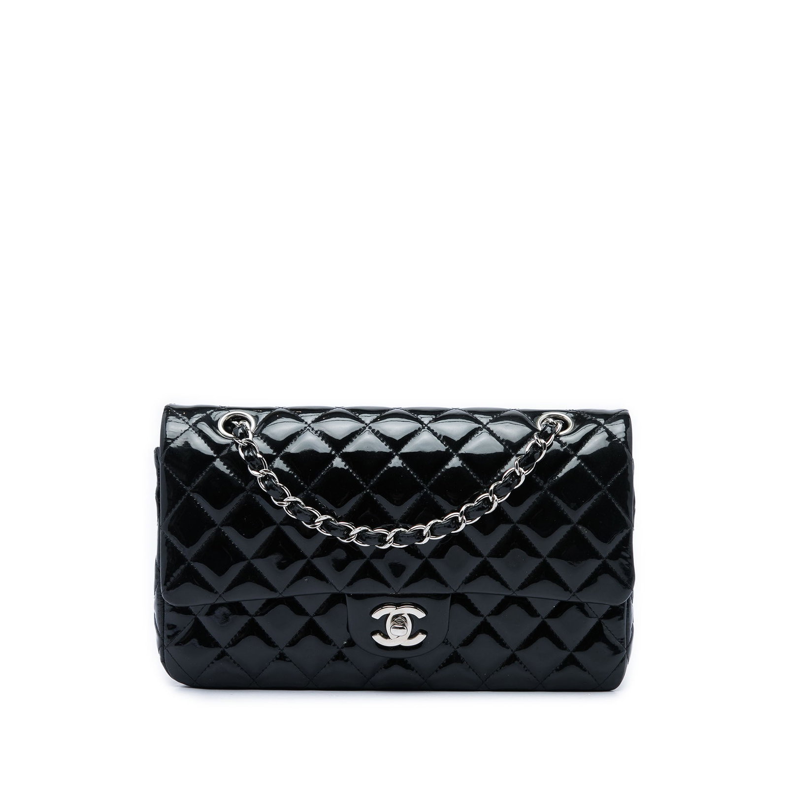 Chanel Medium Classic Double Flap Shoulder Bag in Black Patent Leather: Chanel Medium Classic Double Flap Shoulder Bag in Black Patent Leather A Chanel Medium Classic Patent Double Flap shoulder bag crafted in black quilted patent leather. It features leather-woven chain 