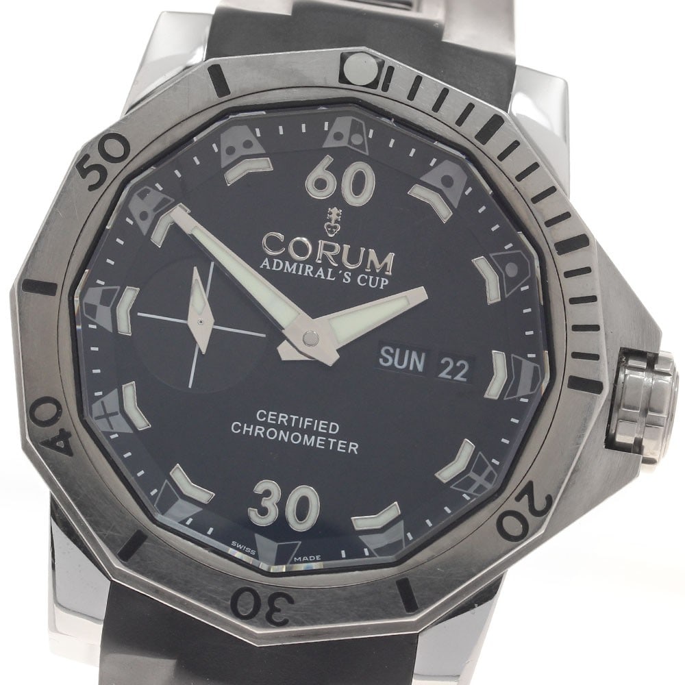 CORUM Admiral's Cup Seafender 46 Titanium Automatic Day Date Men's Watch: CORUM Admiral's Cup Seafender 46 Titanium Automatic Day Date Men's Watch CORUM Admiral's Cup Seafender 46 automatic men's wristwatch with a black dial, titanium case, and rubber strap. This Day-Date m