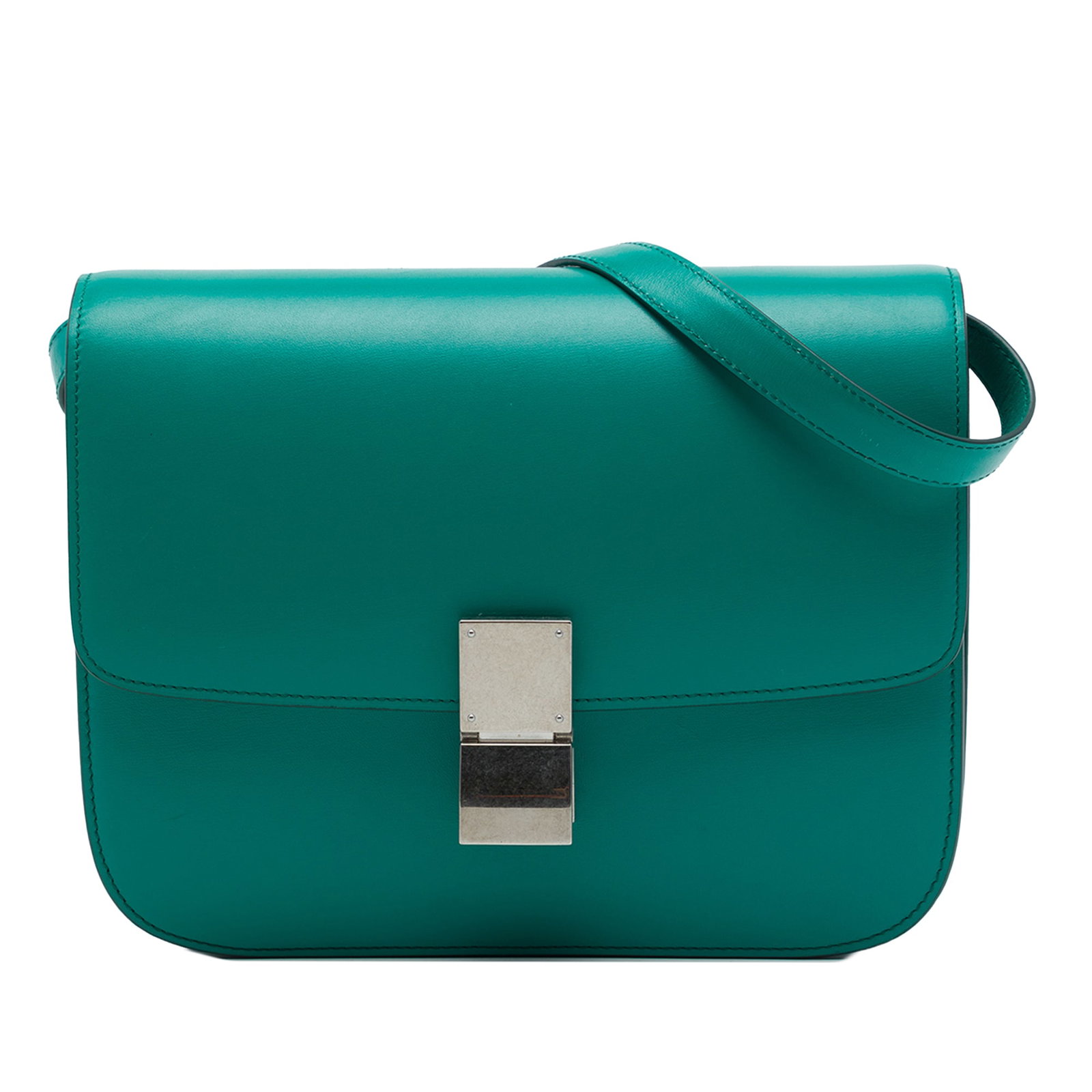 Celine Medium Classic Box blue leather crossbody bag: Celine Medium Classic Box blue leather crossbody bag A Celine Medium Calfskin Classic Box crossbody bag crafted in blue leather. It features a detachable and adjustable flat leather strap, a front fla