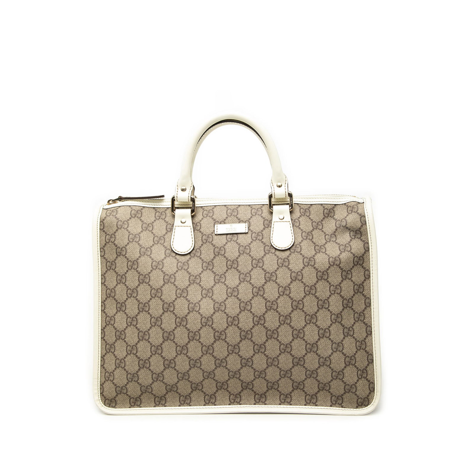 Gucci GG Supreme Beige Coated Canvas Satchel: Gucci GG Supreme Beige Coated Canvas Satchel Gucci GG Supreme satchel crafted with a coated canvas body and leather trim. It features rolled leather handles, a top zip closure, and an interior slip po