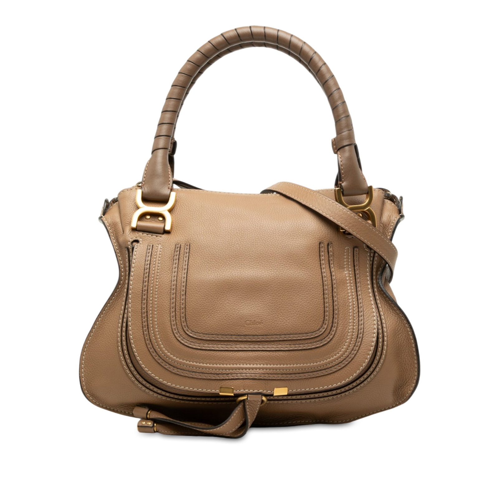 Chloe Marcie Medium Leather Satchel Bag Brown: Chloe Marcie Medium Leather Satchel Bag Brown Chloe Medium Leather Marcie Satchel in brown leather with rolled top handles and a detachable leather strap. The bag features a top zip closure, an exteri