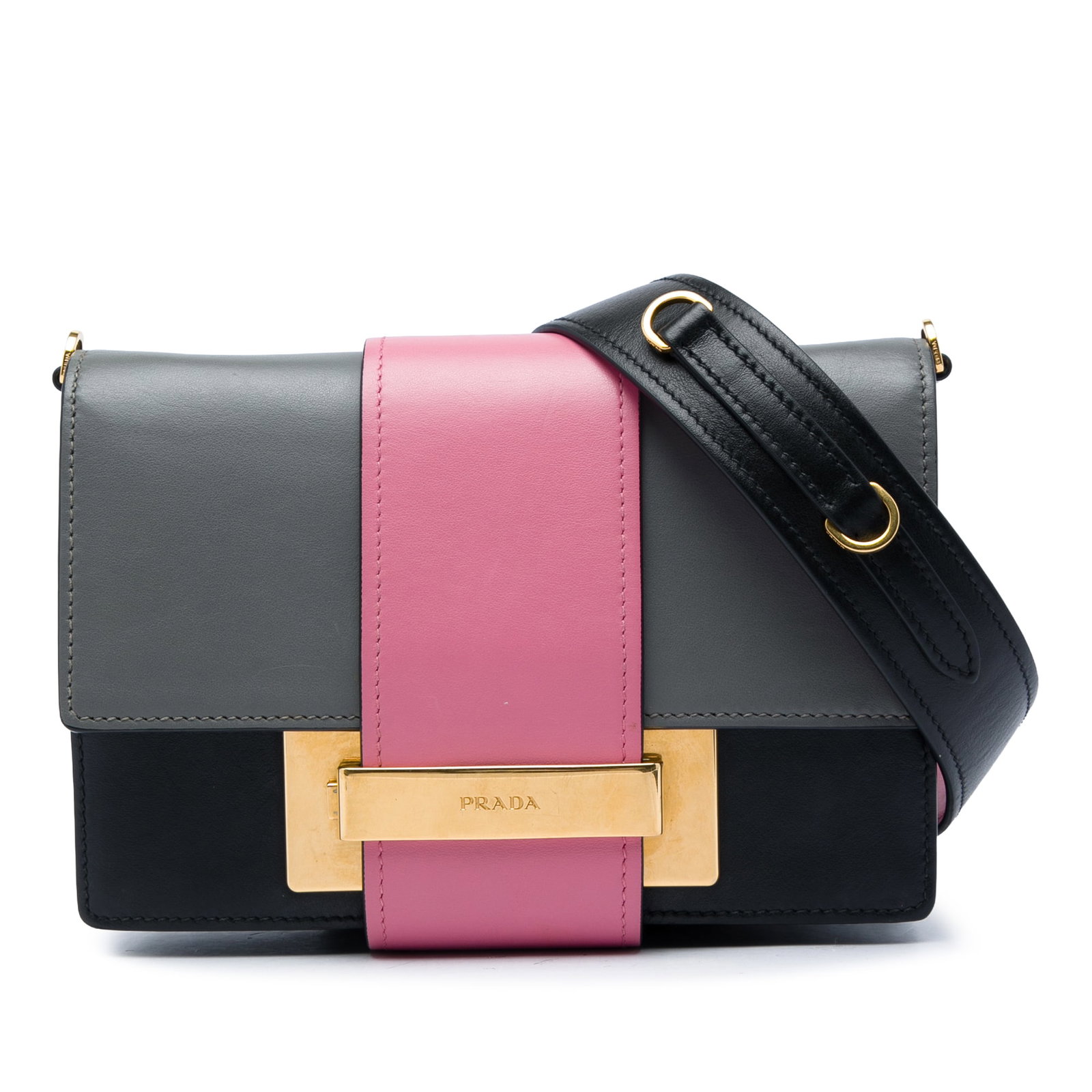Prada Ribbon Crossbody Bag in Tricolor City Calf Leather: Prada Ribbon Crossbody Bag in Tricolor City Calf Leather Prada Ribbon crossbody bag in black leather with a tricolor city calf design. It features a flat leather strap, a front flap with a slip-throug