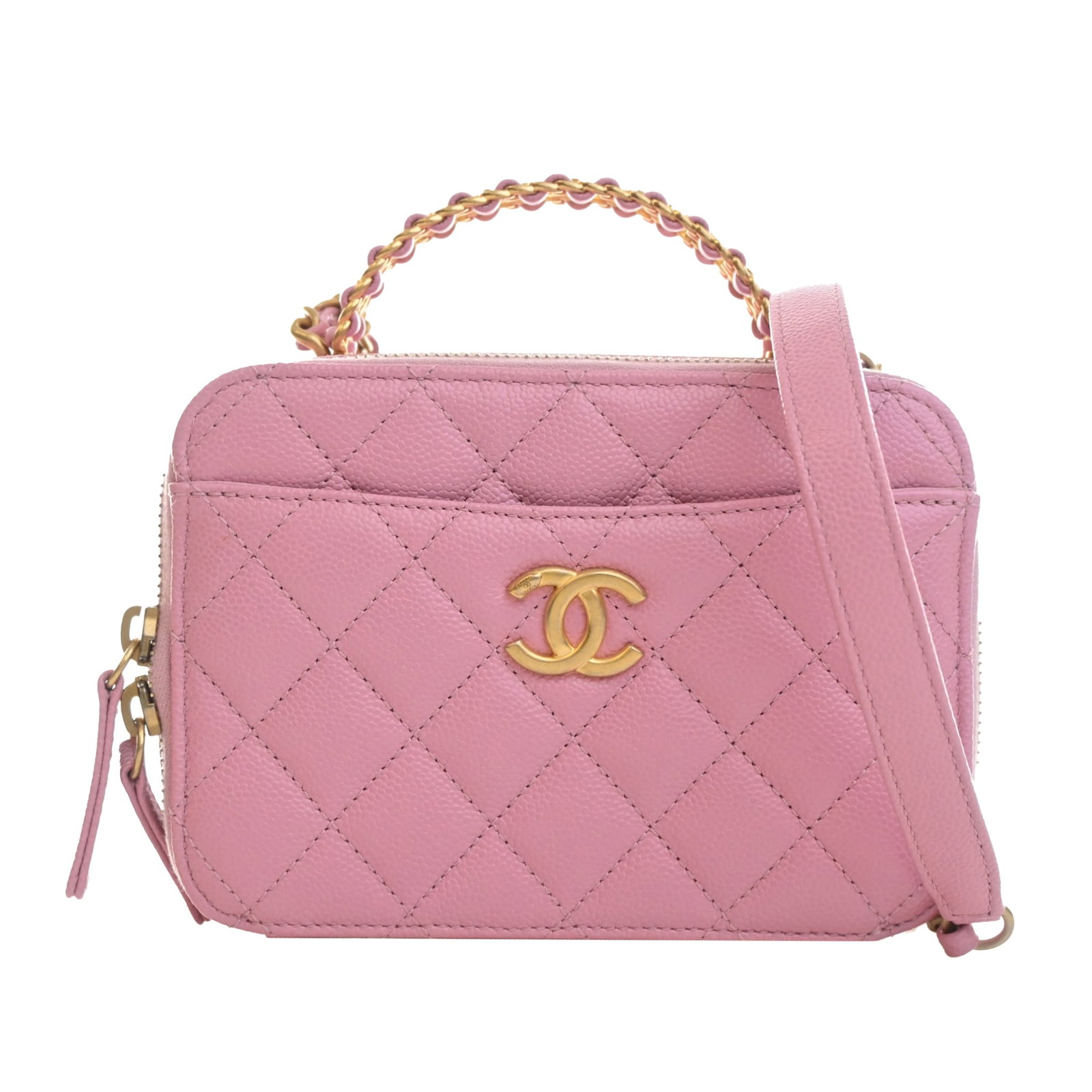 Chanel Pick Me Up Small Quilted Caviar Vanity Case Pink: Chanel Pick Me Up Small Quilted Caviar Vanity Case Pink A compact Chanel vanity case crafted in pink quilted caviar leather. It features a leather-woven chain top handle, a leather-woven chain shoulde