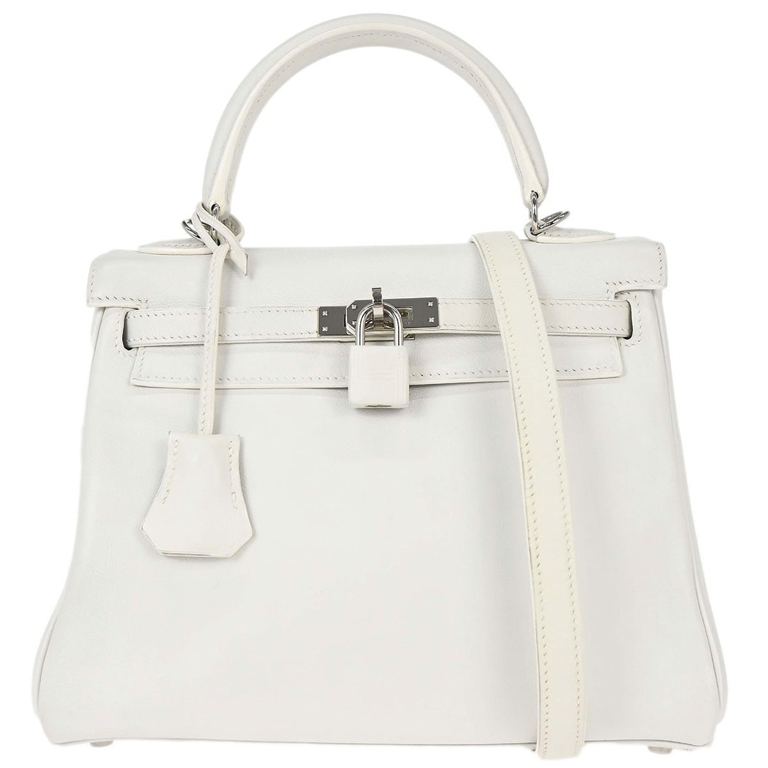 Hermes Kelly 25 Retourne White Swift Leather Top Handle Bag: Hermes Kelly 25 Retourne White Swift Leather Top Handle Bag Hermes Kelly 25 Retourne 2-way handbag in white Swift leather with a top handle, detachable shoulder strap, turn-lock closure, leather linin