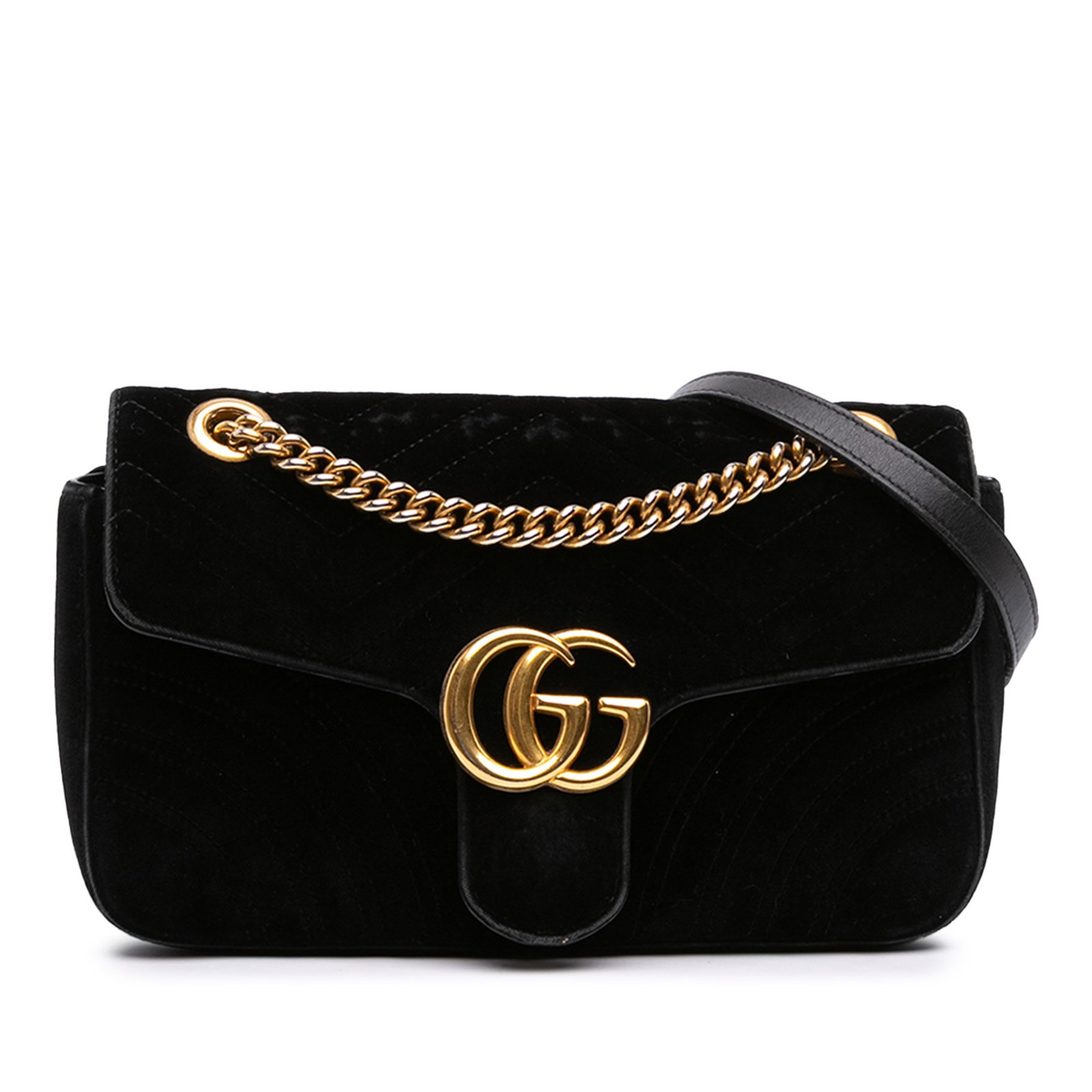Gucci GG Marmont Medium Velvet Shoulder Bag Black: Gucci GG Marmont Medium Velvet Shoulder Bag Black Gucci Medium GG Marmont Matelasse shoulder bag in black quilted velvet. This shoulder bag features a chain link strap with a leather guard, a front fl