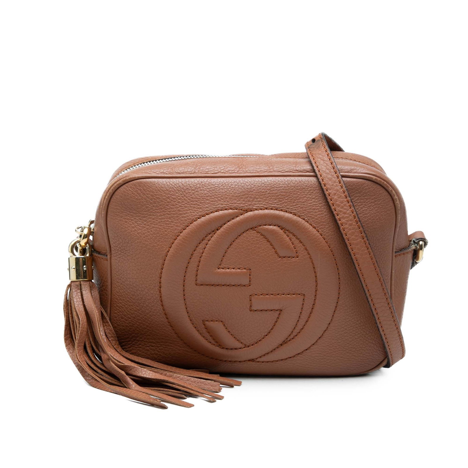 Gucci Soho Disco Leather Crossbody Bag Brown: Gucci Soho Disco Leather Crossbody Bag Brown A Gucci Soho Disco crossbody bag crafted in calfskin leather with a compact silhouette and practical everyday design. It features an adjustable flat leathe
