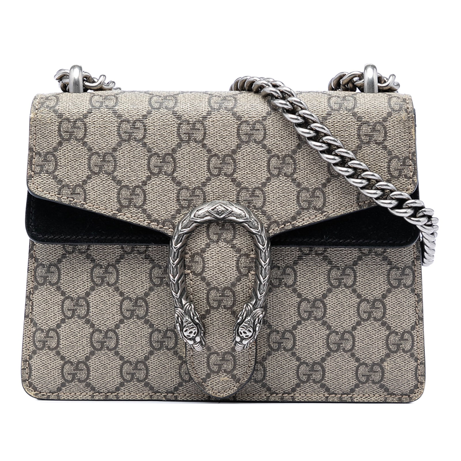 Gucci Dionysus Small GG Supreme Crossbody Bag Beige: Gucci Dionysus Small GG Supreme Crossbody Bag Beige Gucci Small GG Supreme Dionysus Crossbody in beige with a coated canvas body, suede leather trim, and chain link shoulder strap. The design features