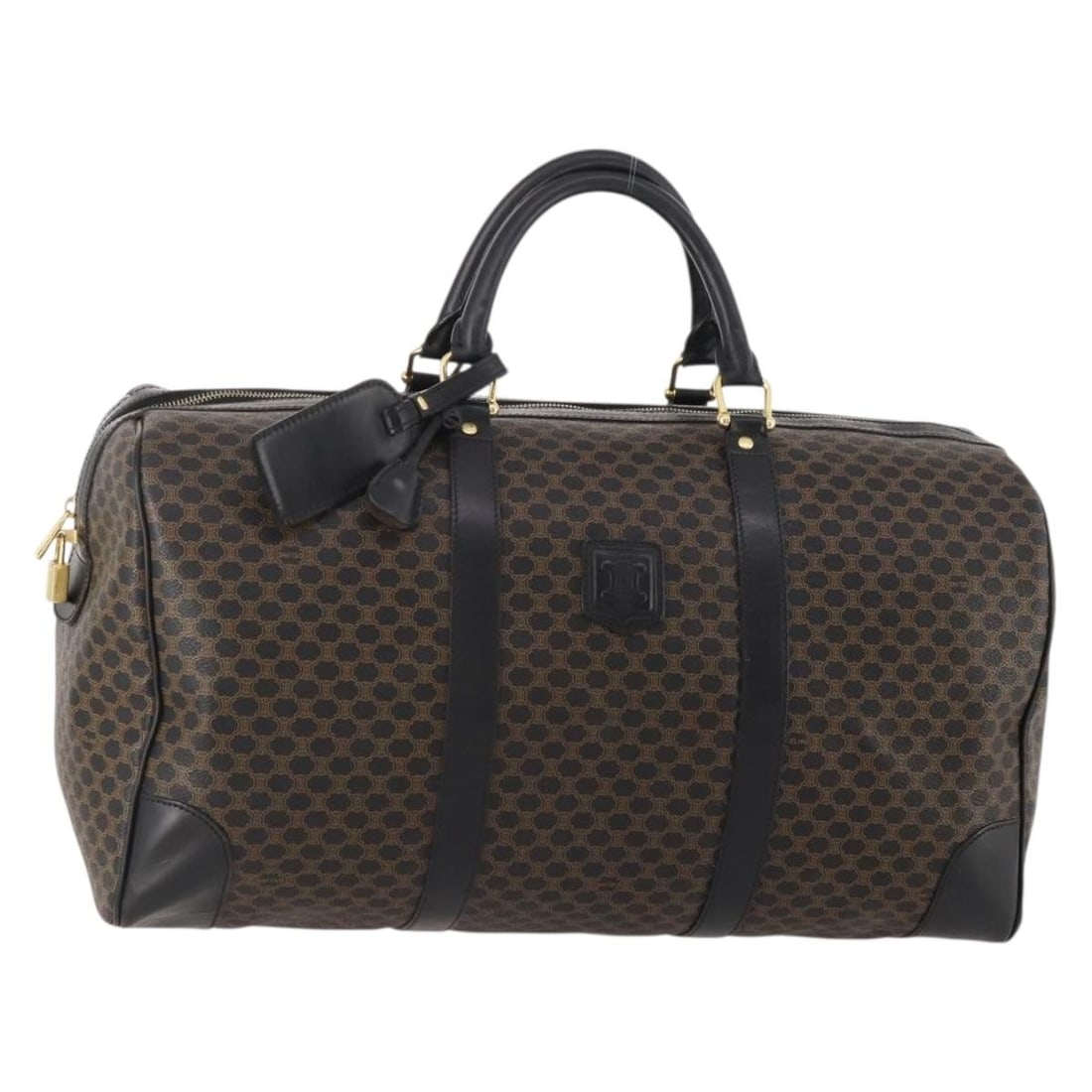 CELINE Macadam Boston Bag Black PVC Leather with Padlock Key: CELINE Macadam Boston Bag Black PVC Leather with Padlock Key Authentic CELINE Macadam canvas Boston bag with PVC leather trim in black and gold. This women's handbag is made in Italy and includes a pa