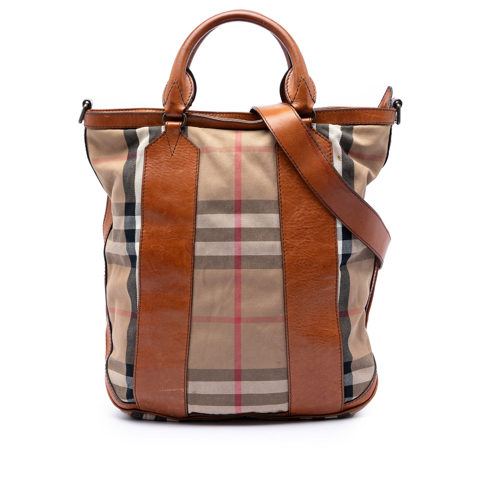Burberry Bonington Satchel in House Check Canvas with Leather Trim: Burberry Bonington Satchel in House Check Canvas with Leather Trim Burberry House Check Canvas Bonington Satchel with leather trim, rolled leather handles, and a detachable flat leather strap. The bag