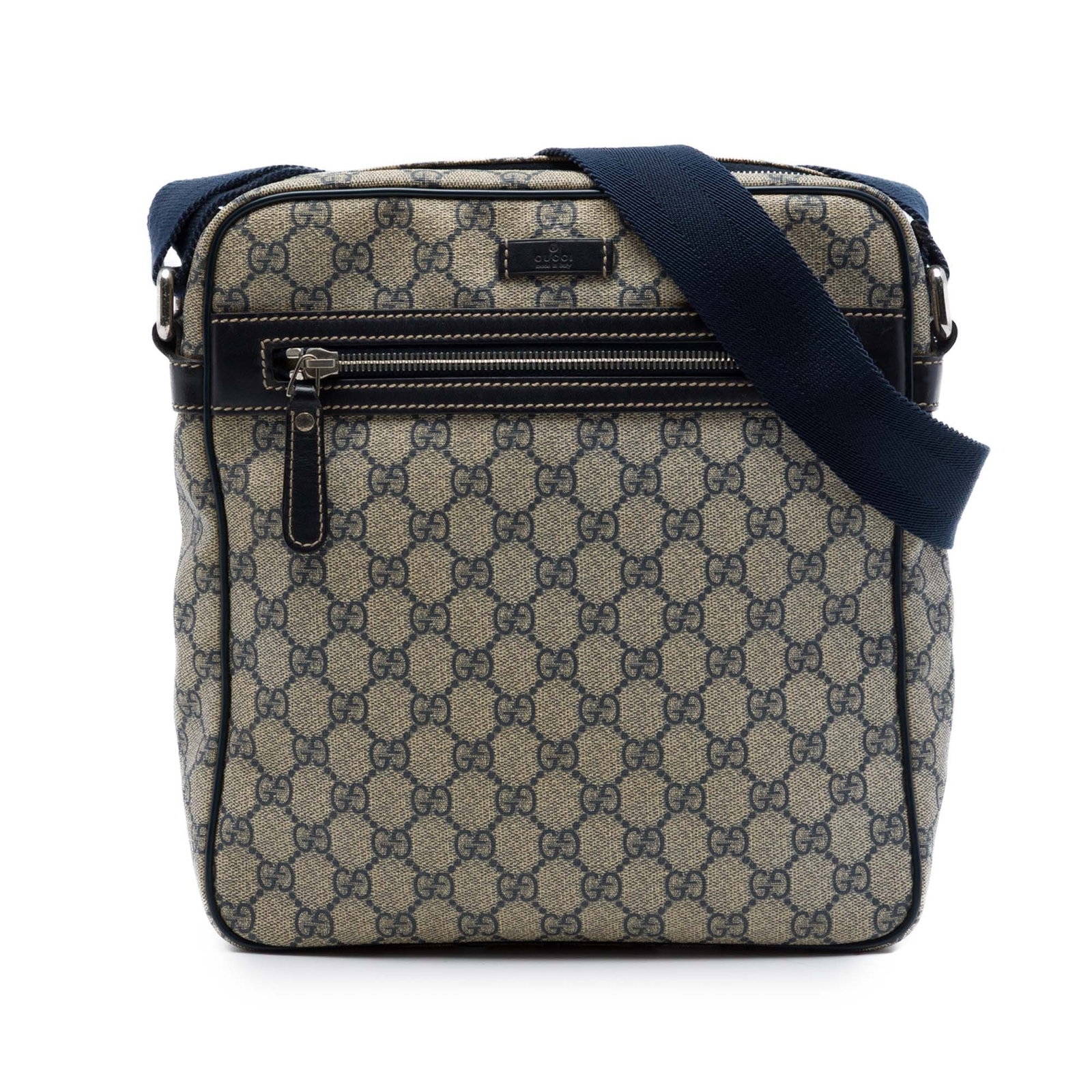 Gucci GG Supreme Beige Coated Canvas Crossbody Bag: Gucci GG Supreme Beige Coated Canvas Crossbody Bag Gucci GG Supreme crossbody bag in beige with a coated canvas body and leather trim. It features an adjustable flat strap, a top zip closure, an exter