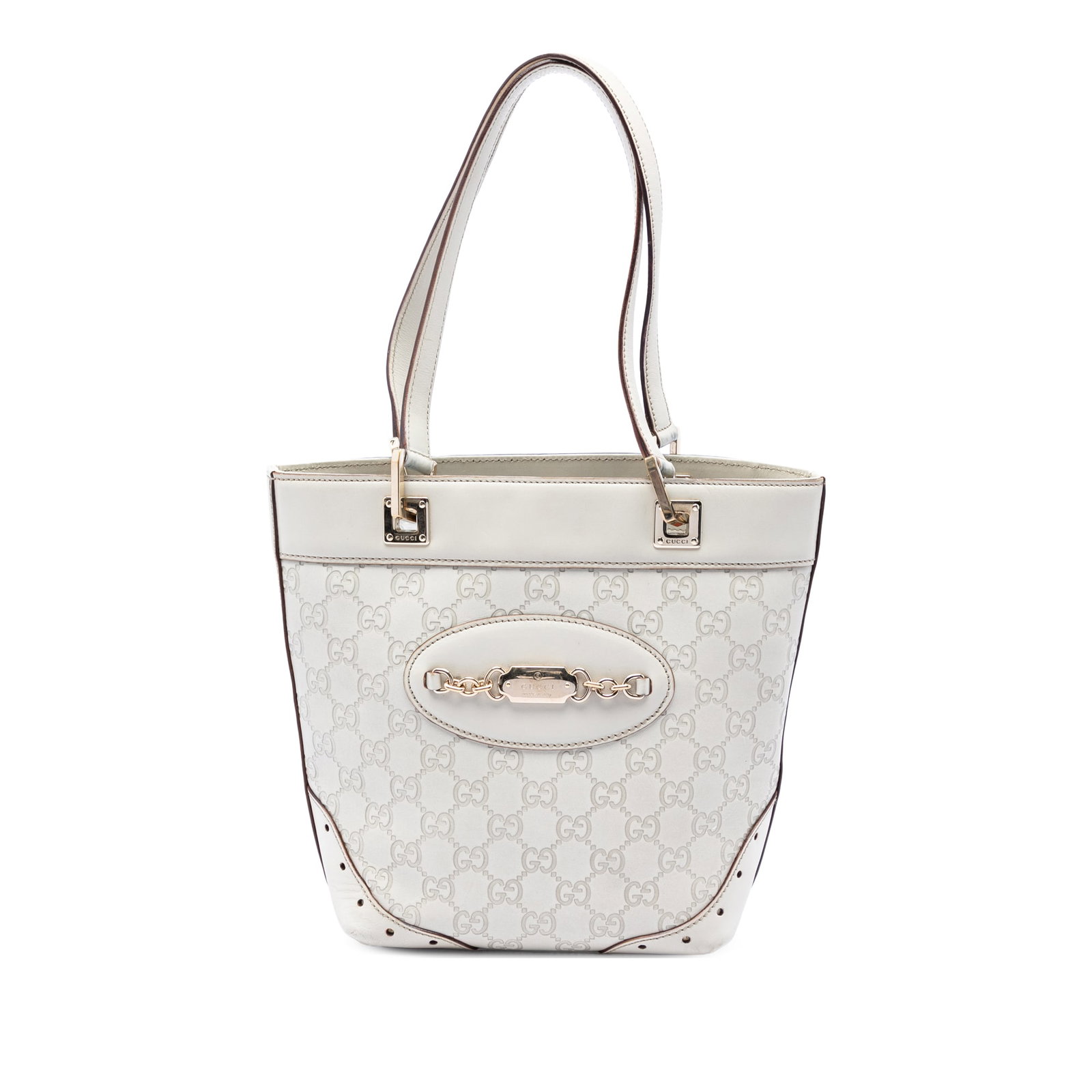 Gucci Mini Guccissima Punch Leather Tote Bag White: Gucci Mini Guccissima Punch Leather Tote Bag White This Mini Guccissima Punch Tote is a white leather bag made in Italy. It features an embossed leather body, flat leather straps, a top zip closure, a