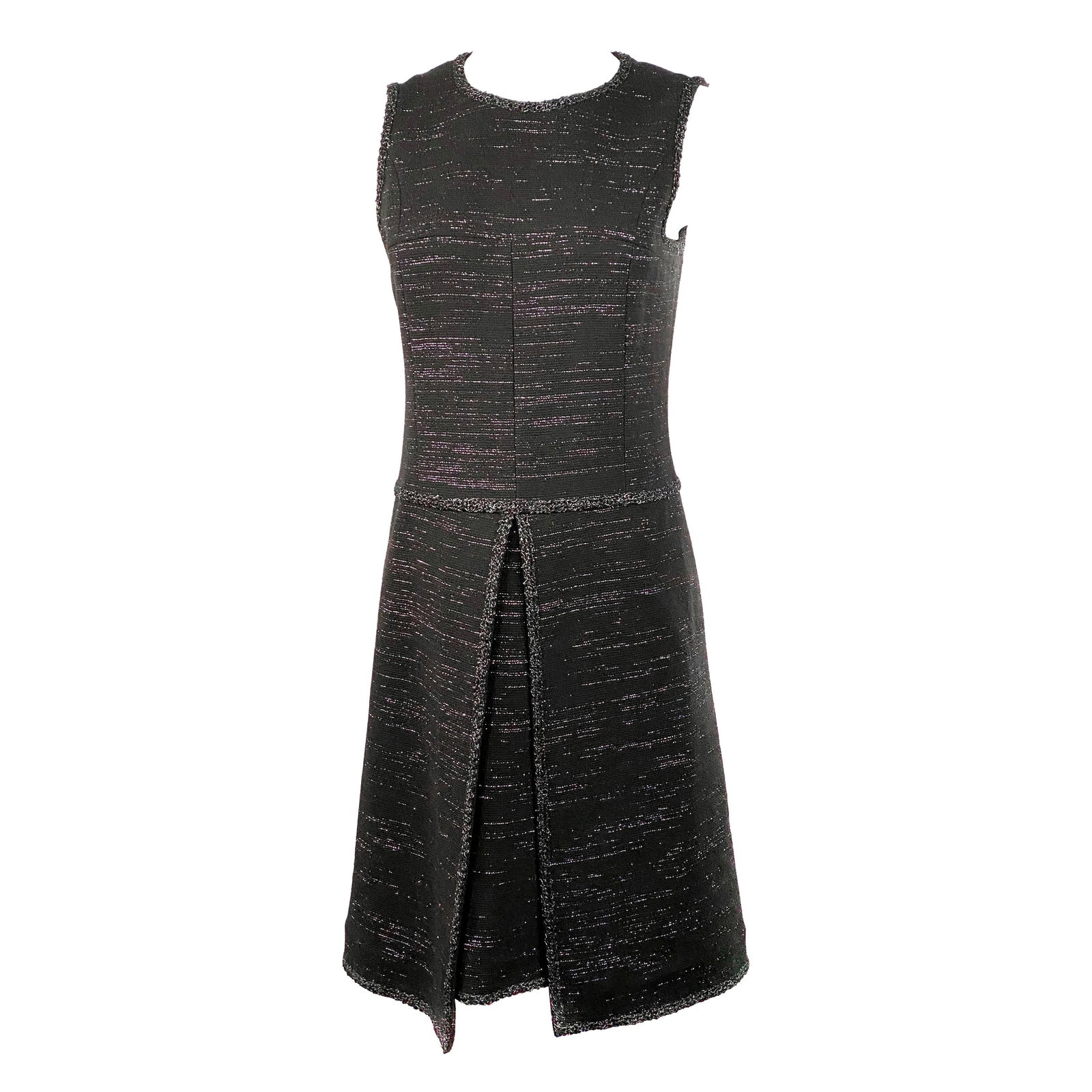 Chanel Size 40 Sleeveless Midi Dress in Black Tweed Metallic: Chanel Size 40 Sleeveless Midi Dress in Black Tweed Metallic A Chanel sleeveless midi dress in black tweed with metallic detail. This tailored piece features a front slit, rear zip and hook closure, a
