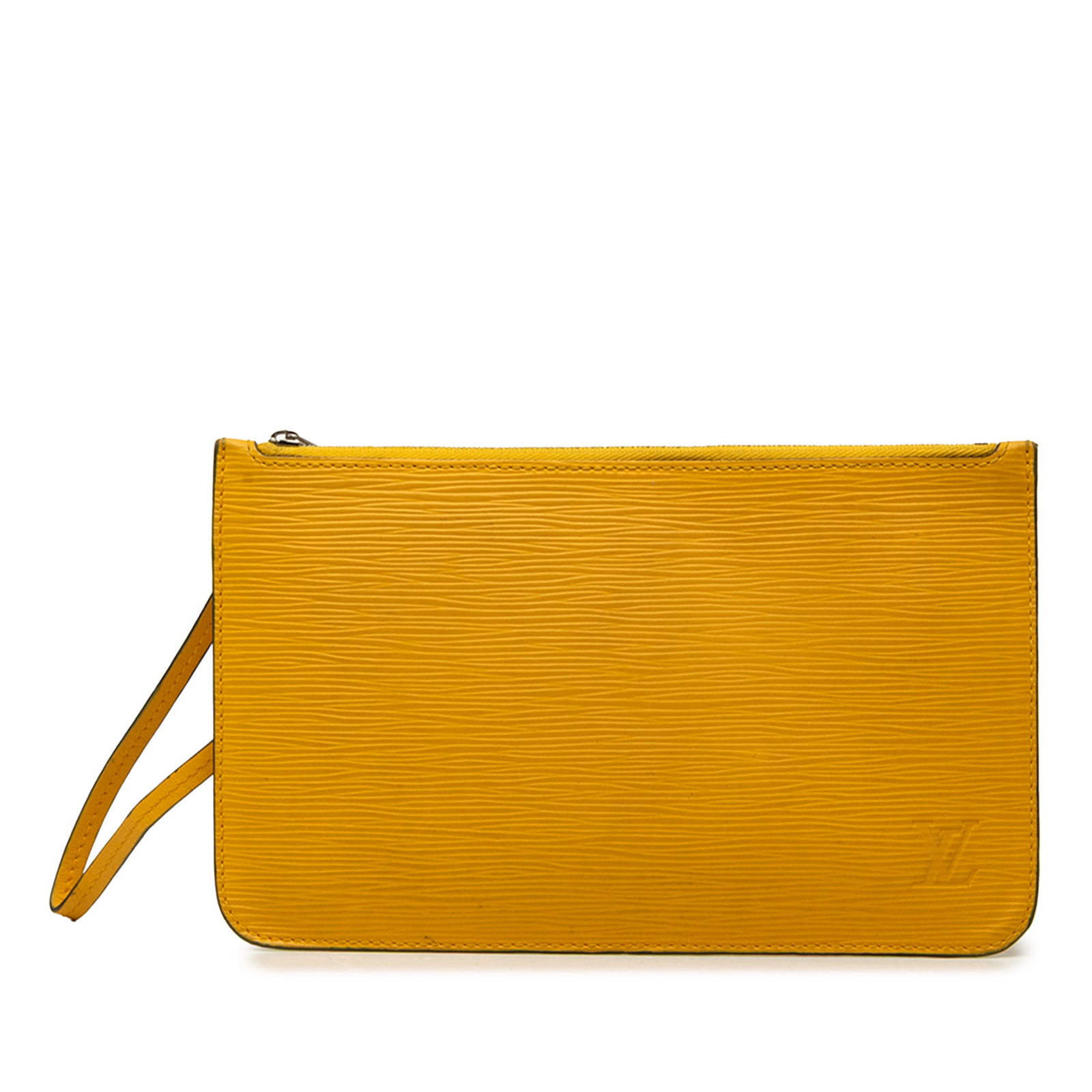 Louis Vuitton Neverfull Pouch in Yellow Epi Leather: Louis Vuitton Neverfull Pouch in Yellow Epi Leather Louis Vuitton Epi Neverfull Pouch in yellow leather with a flat wrist strap, top zip closure, and interior slip pocket. Made in Italy. Condition is 