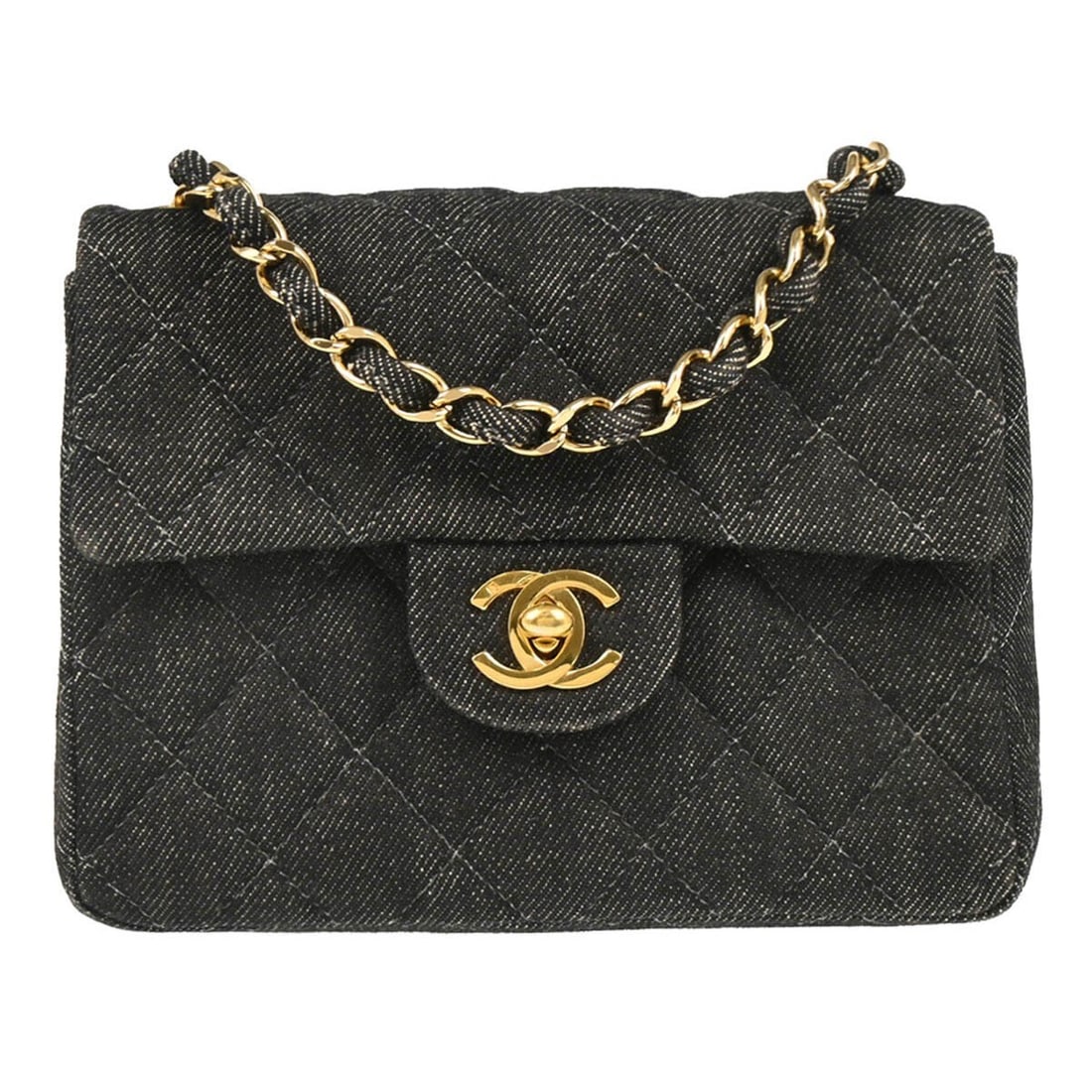 CHANEL Classic Flap Mini Square Black Denim Crossbody Bag: CHANEL Classic Flap Mini Square Black Denim Crossbody Bag Chanel Classic Flap Mini Square chain shoulder bag in black denim with a matelasse quilted exterior and flap turnlock closure. This small shou