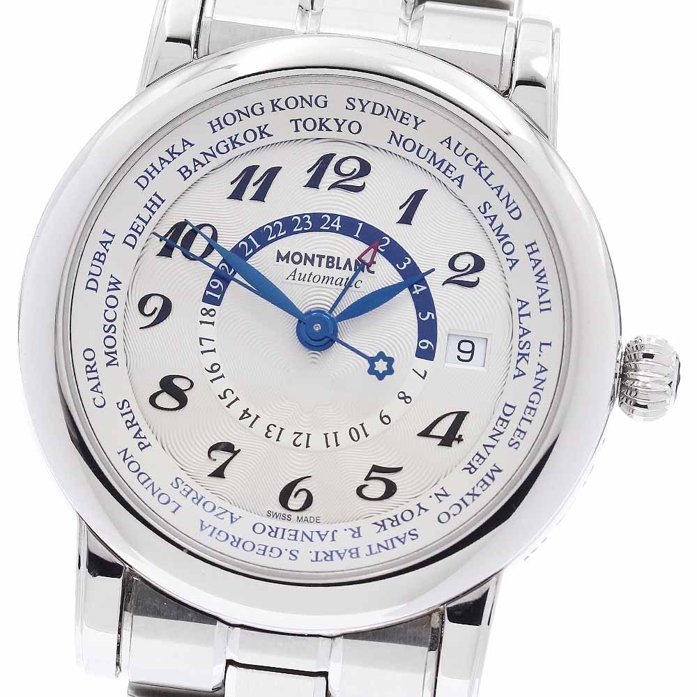 Montblanc Star World Time 7203 automatic stainless steel mens wristwatch: Montblanc Star World Time 7203 automatic stainless steel mens wristwatch Montblanc Star World Time automatic men's wristwatch with a silver dial, stainless steel case, and stainless steel band. This w