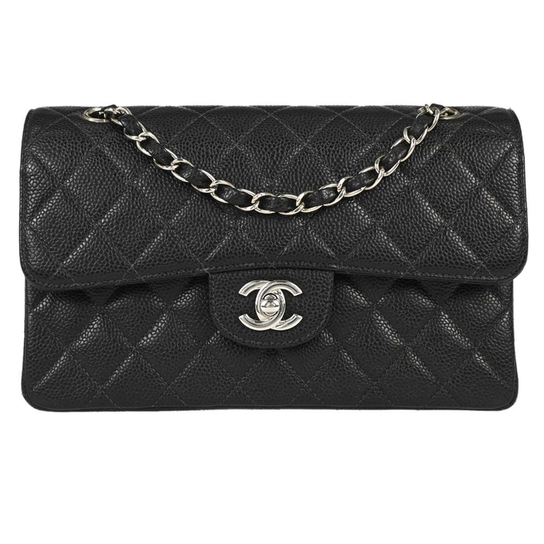 CHANEL Classic Double Flap Small Shoulder Bag Black Caviar Leather: CHANEL Classic Double Flap Small Shoulder Bag Black Caviar Leather Chanel Black Calfskin Small Classic Double Flap Shoulder Bag in black, featuring a matelasse pattern and flap turnlock closure. It ha