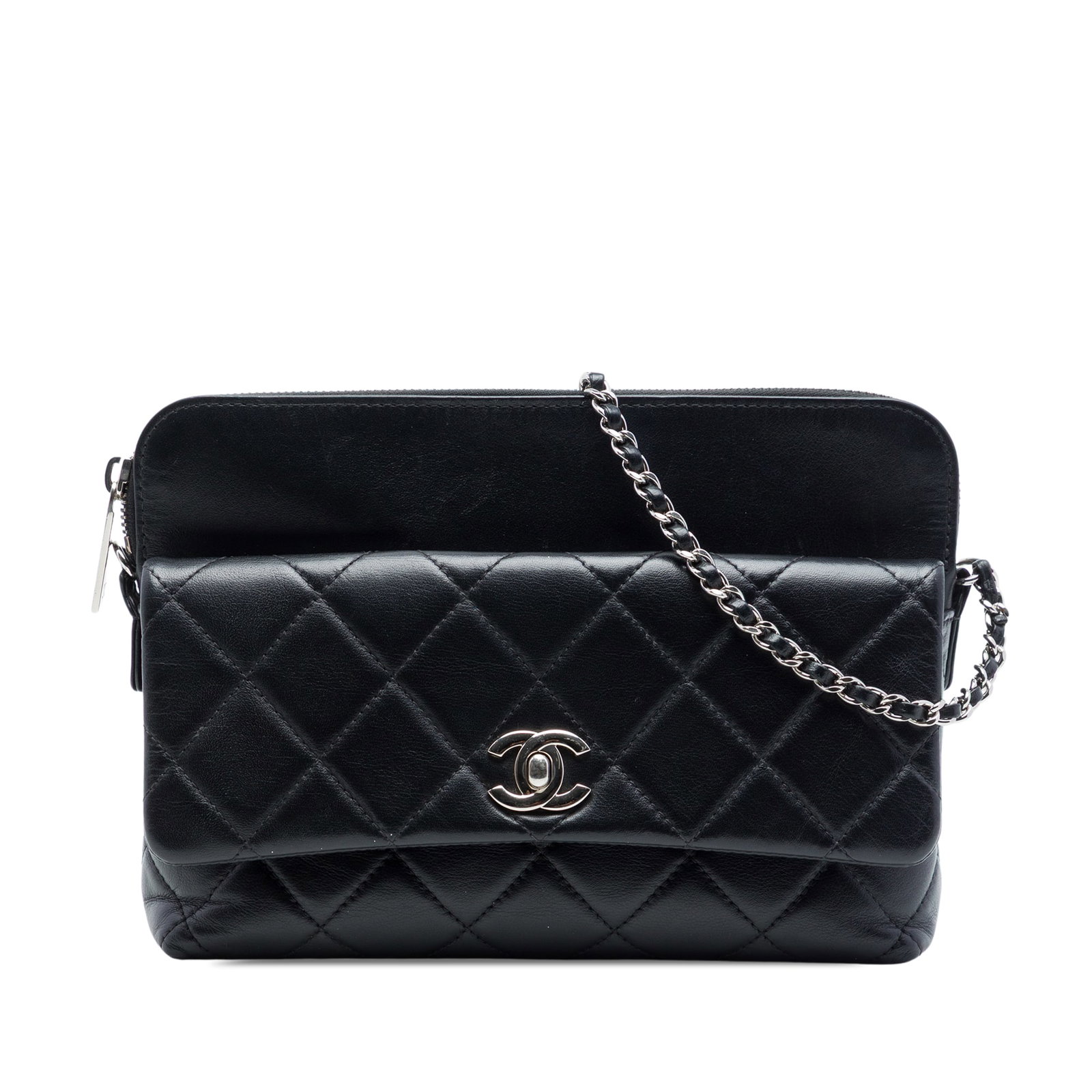 Chanel black quilted lambskin crossbody bag with CC flap: Chanel black quilted lambskin crossbody bag with CC flap A Chanel CC quilted lambskin front flap crossbody in black. This bag features a quilted lambskin leather body, a leather-woven chain strap, an 