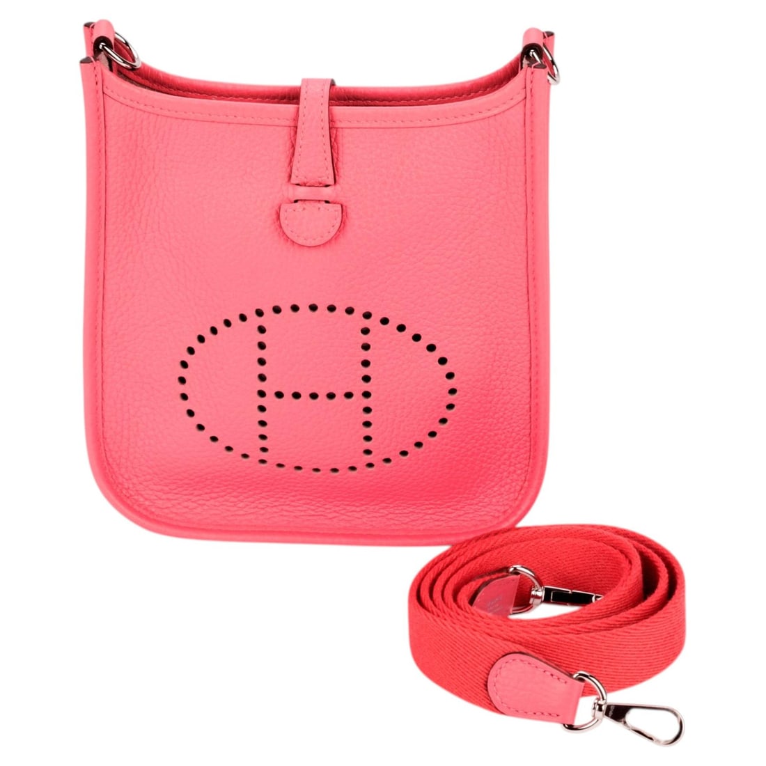 Hermes Mini Evelyne Clemence Leather Bag Rose Azalee: Hermes Mini Evelyne Clemence Leather Bag Rose Azalee Hermes Mini Evelyne in Rose Azalee Clemence leather with palladium hardware. This bag features a perforated H at the front, a removable shoulder st
