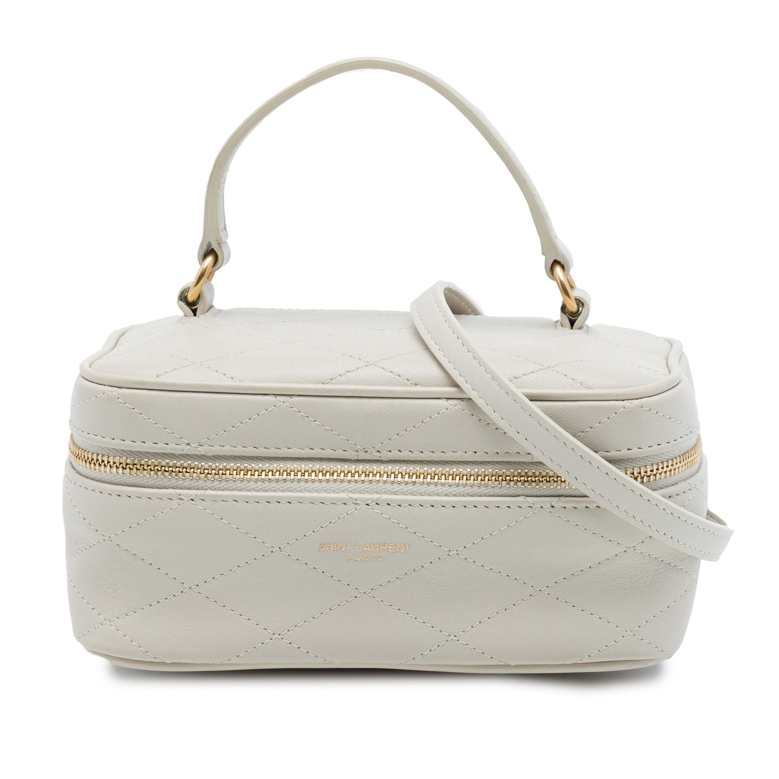 Saint Laurent Gaby Mini Quilted Lambskin Vanity Bag White: Saint Laurent Gaby Mini Quilted Lambskin Vanity Bag White Compact and structured, this Saint Laurent Gaby vanity bag is crafted in white quilted lambskin leather. It features a flat top handle, an adj
