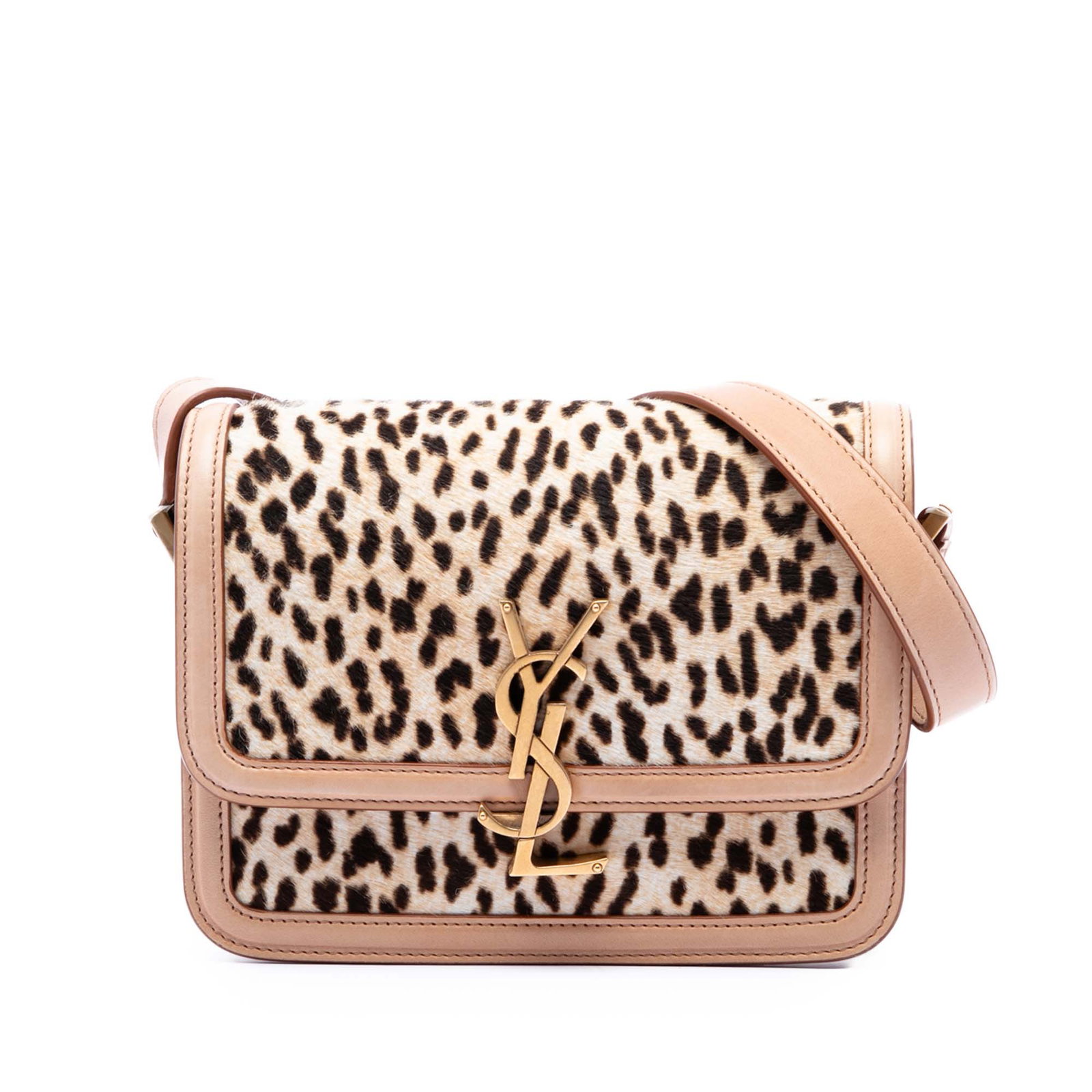 Saint Laurent Solferino Small Leopard Print Calf Hair Satchel: Saint Laurent Solferino Small Leopard Print Calf Hair Satchel Saint Laurent Solferino satchel in small size, featuring a leopard print calf hair body with leather trim, an adjustable flat leather stra