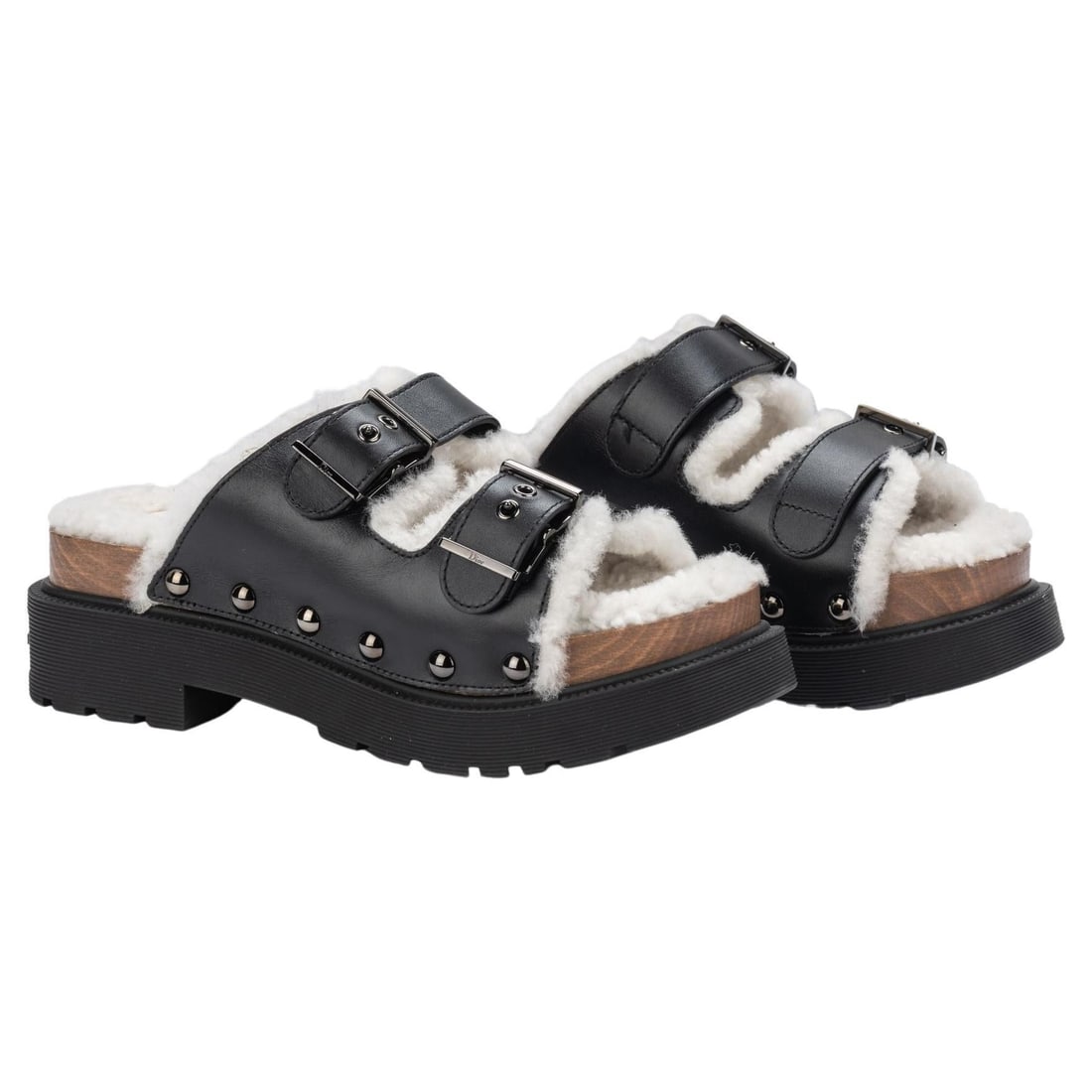 Christian Dior Black Faux Shearling Block Heel Sandals Size 6.5 With Box (1 of 7)