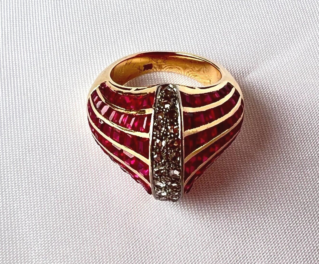 French Ruby Diamond Ring in 18K Gold Size 7 - 2