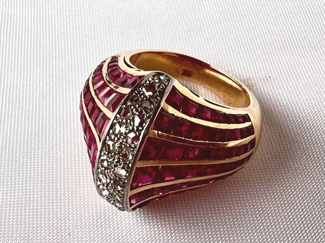 French Ruby Diamond Ring in 18K Gold Size 7 - 4