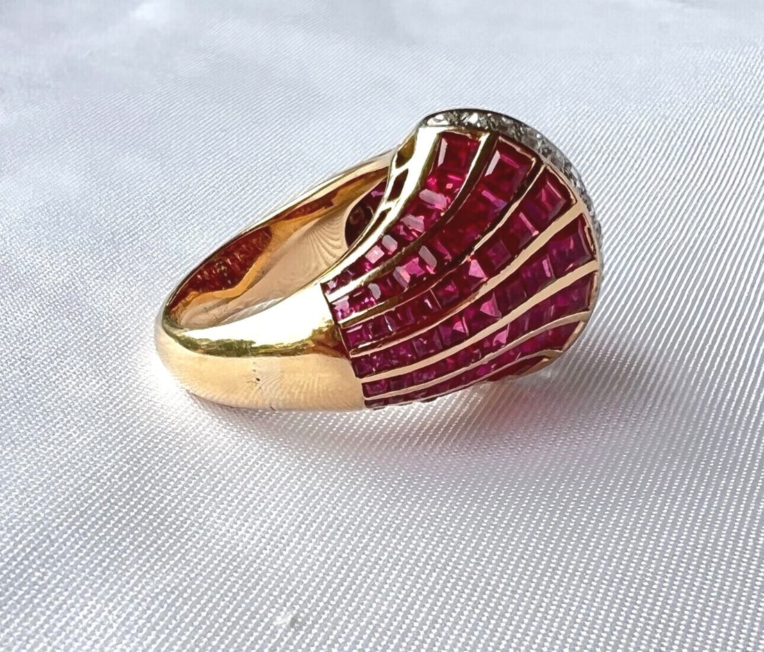 French Ruby Diamond Ring in 18K Gold Size 7 - 7
