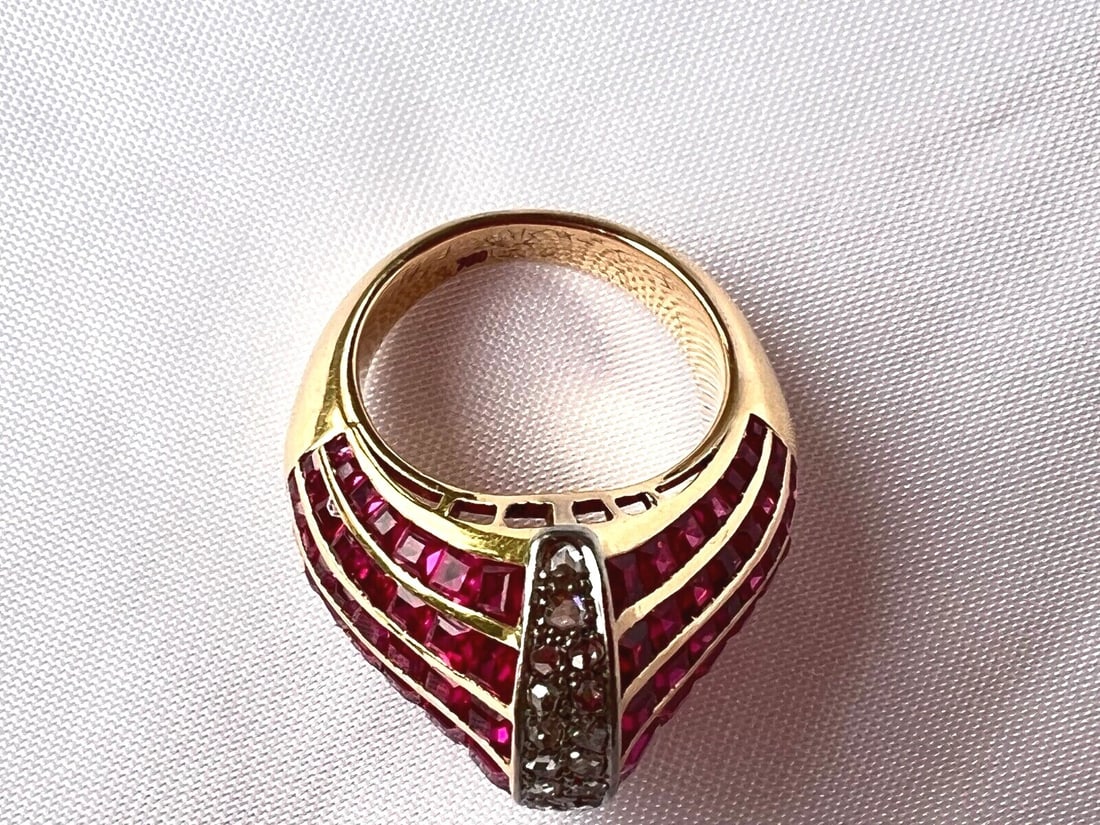 French Ruby Diamond Ring in 18K Gold Size 7 - 8