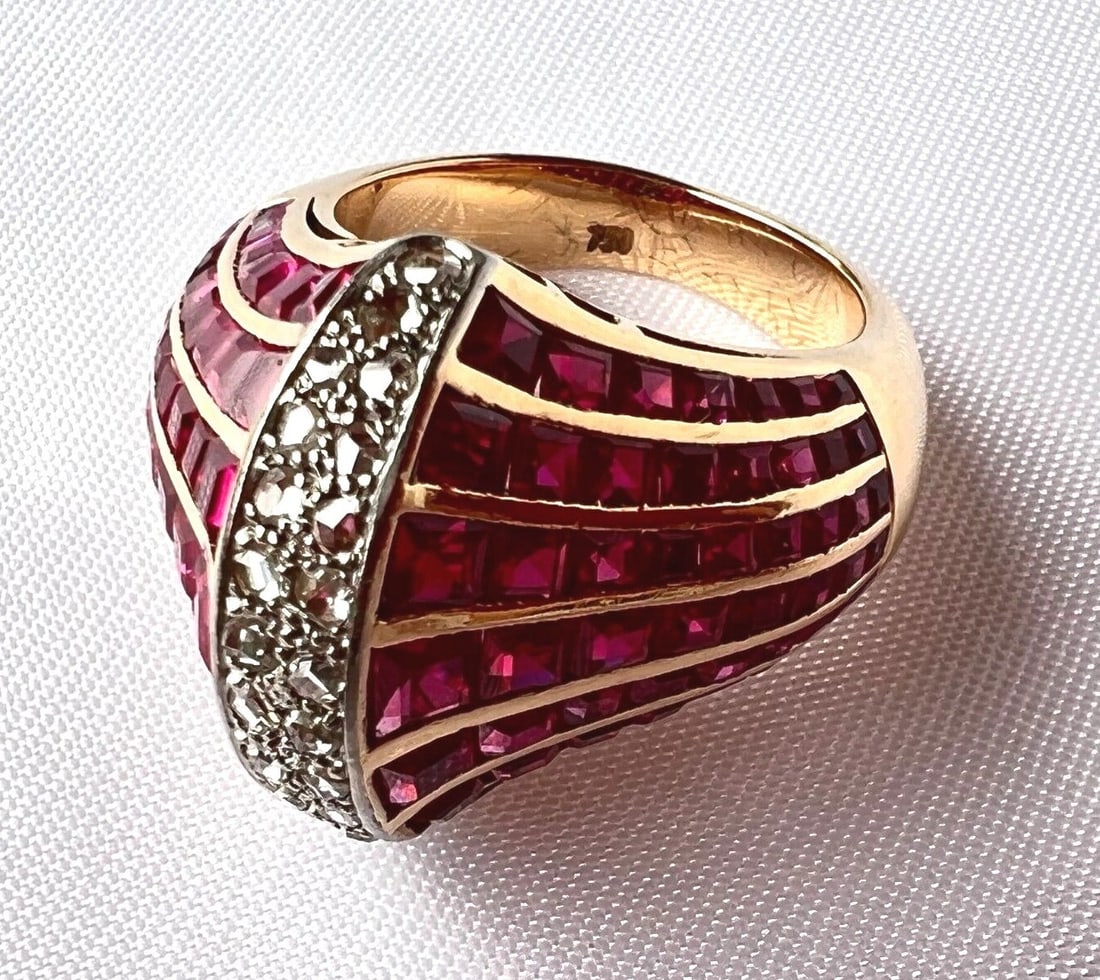 French Ruby Diamond Ring in 18K Gold Size 7 - 9