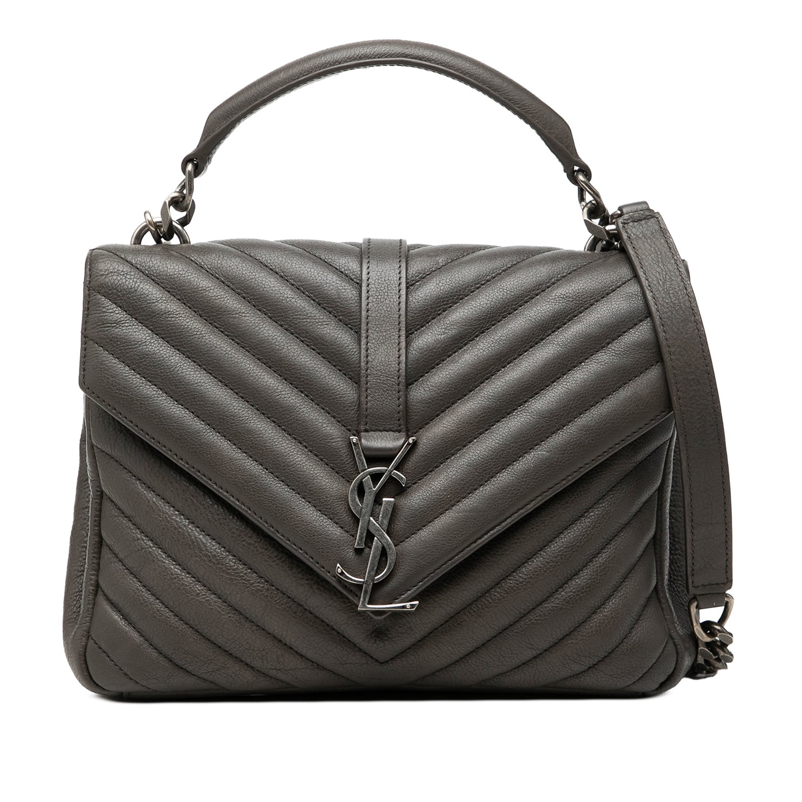 Saint Laurent College Medium Gray Chevron Sheepskin Satchel: Saint Laurent College Medium Gray Chevron Sheepskin Satchel Saint Laurent Medium College satchel in gray chevron-quilted sheepskin leather. This bag features the Monogram flap design, a rolled leather