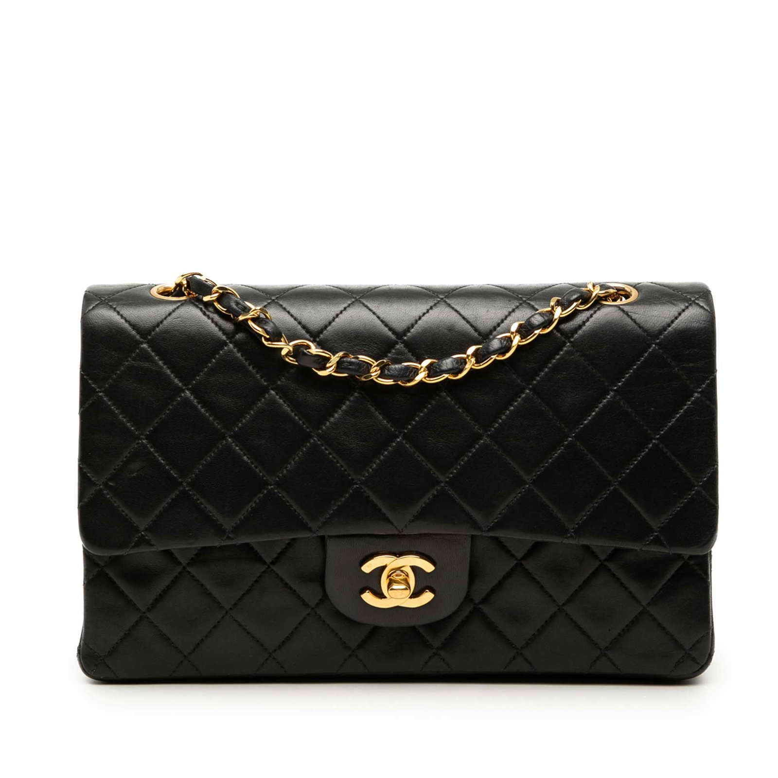 Chanel Medium Classic Double Flap Shoulder Bag Black Lambskin: Chanel Medium Classic Double Flap Shoulder Bag Black Lambskin Chanel Medium Classic Lambskin Double Flap shoulder bag in black quilted lambskin. This bag features leather-woven chain straps, double fr