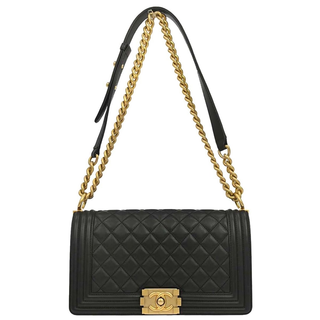 CHANEL Boy Medium Shoulder Bag Black Lambskin Chain Strap: CHANEL Boy Medium Shoulder Bag Black Lambskin Chain Strap Vintage Chanel Boy Medium shoulder bag in black lambskin with a structured square silhouette, quilted exterior, and push-lock closure. The bag