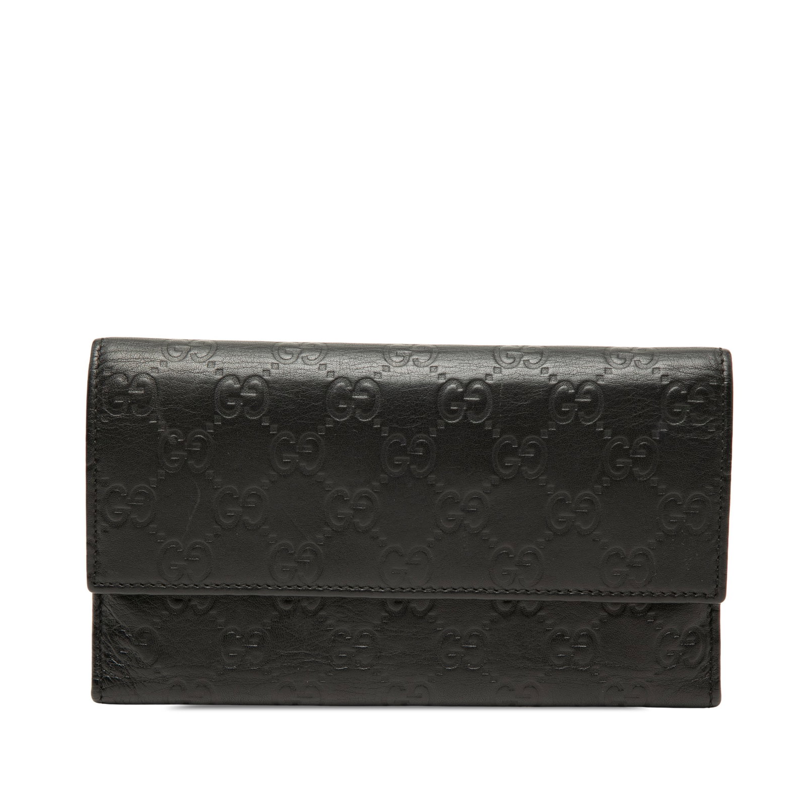 Gucci Guccissima leather long wallet black: Gucci Guccissima leather long wallet black Gucci Guccissima long wallet in black leather with a front flap and snap button closure. The interior includes a flap compartment and slip pockets. Condition