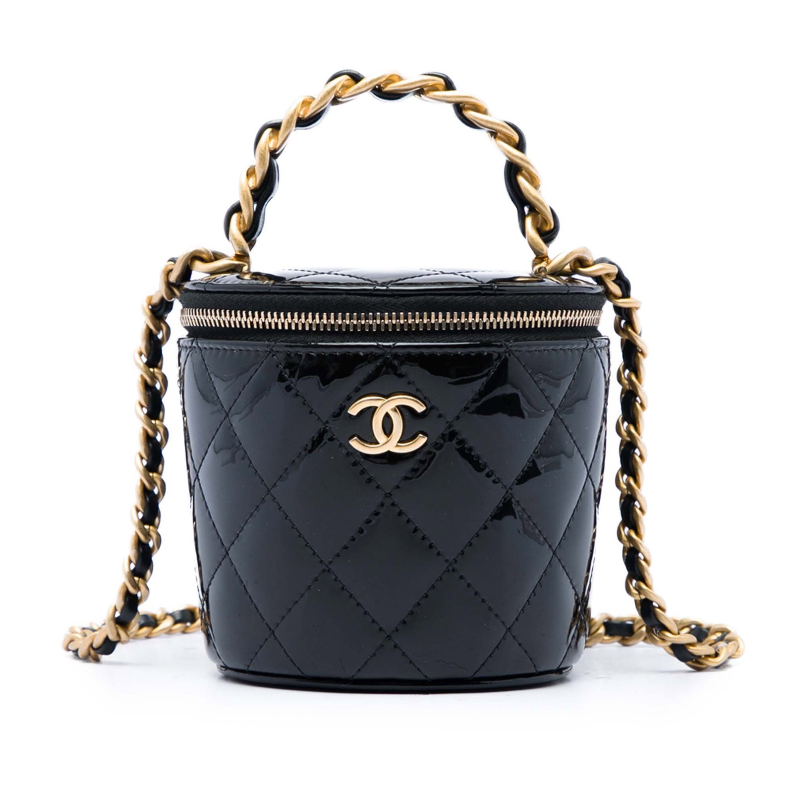 Chanel Afternoon Tea quilted patent leather vanity case with chain: Chanel Afternoon Tea quilted patent leather vanity case with chain A compact Chanel vanity case crafted in black quilted patent leather with a structured silhouette. It features a leather-woven chain 